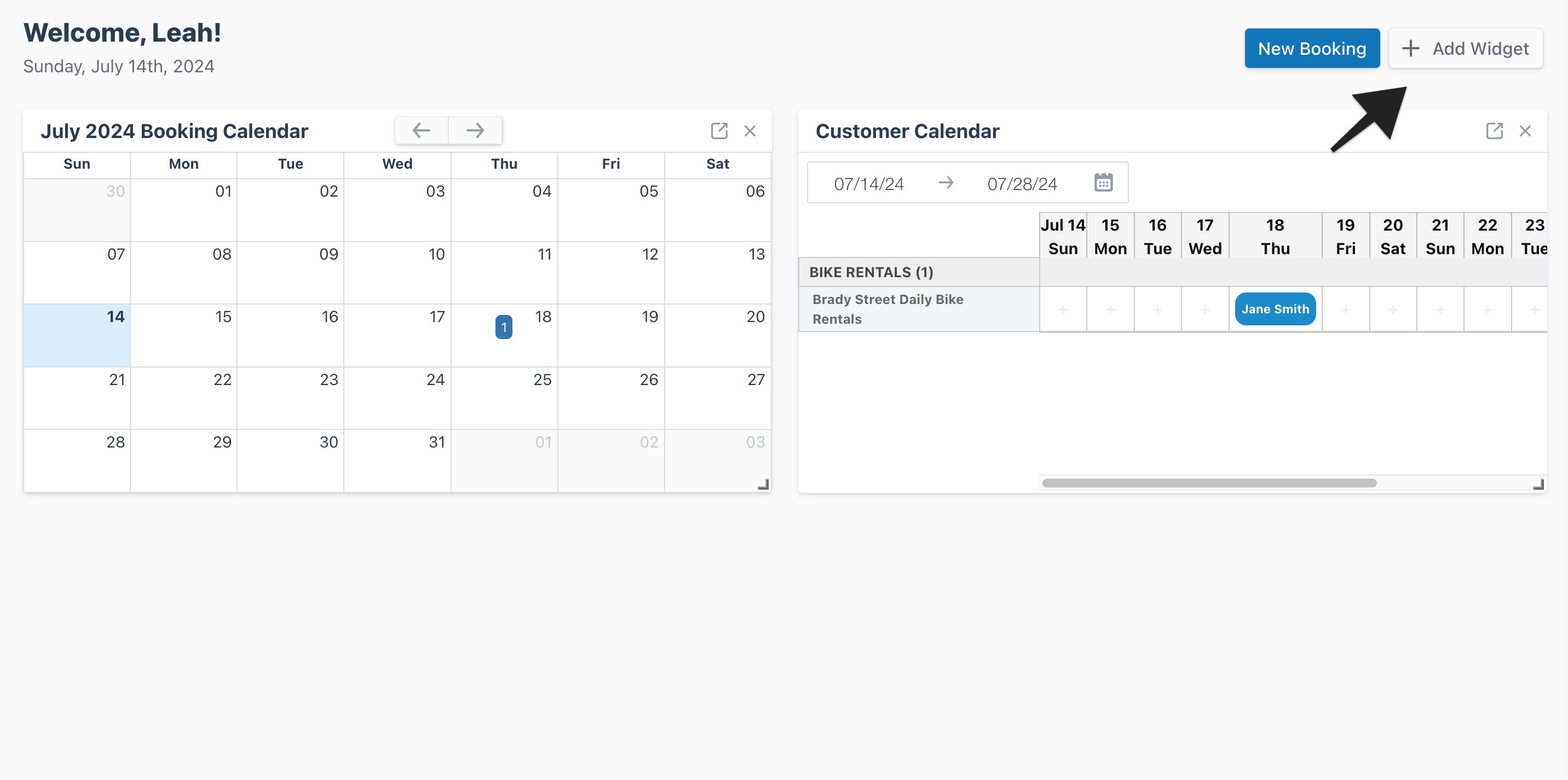 Dashboard page with an arrow highlighting the ‘New Widget’ button to indicate selection.