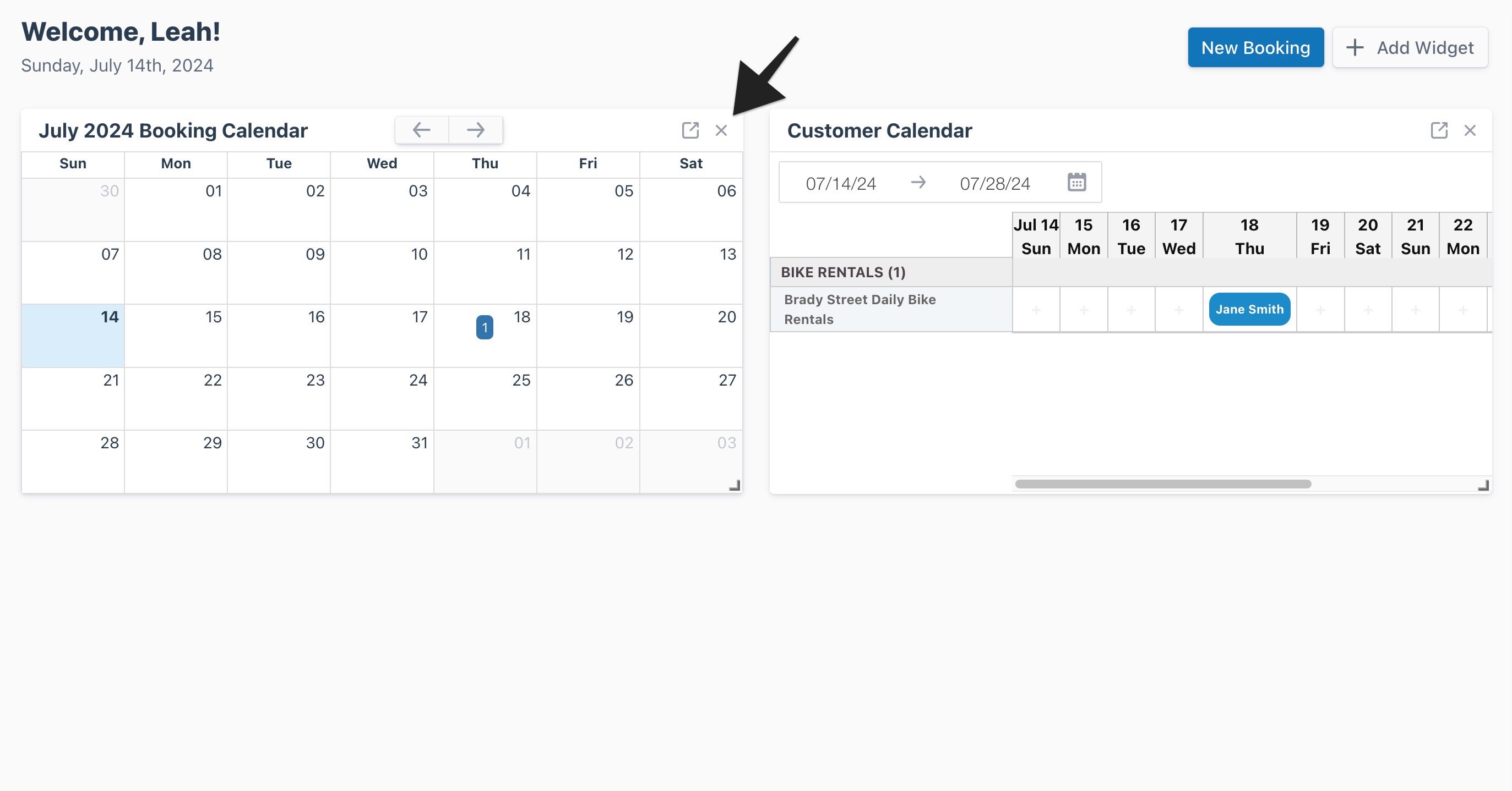 Dashboard page with an arrow highlighting an active widget’s 'X' button.
