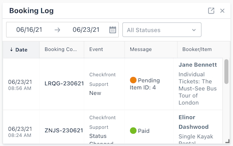 Booking Log widget displaying two active booking entries.
