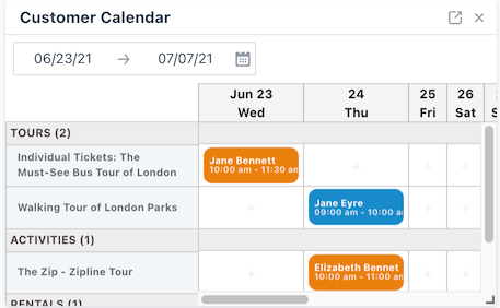 Customer Calendar widget displaying two dates with active entries.