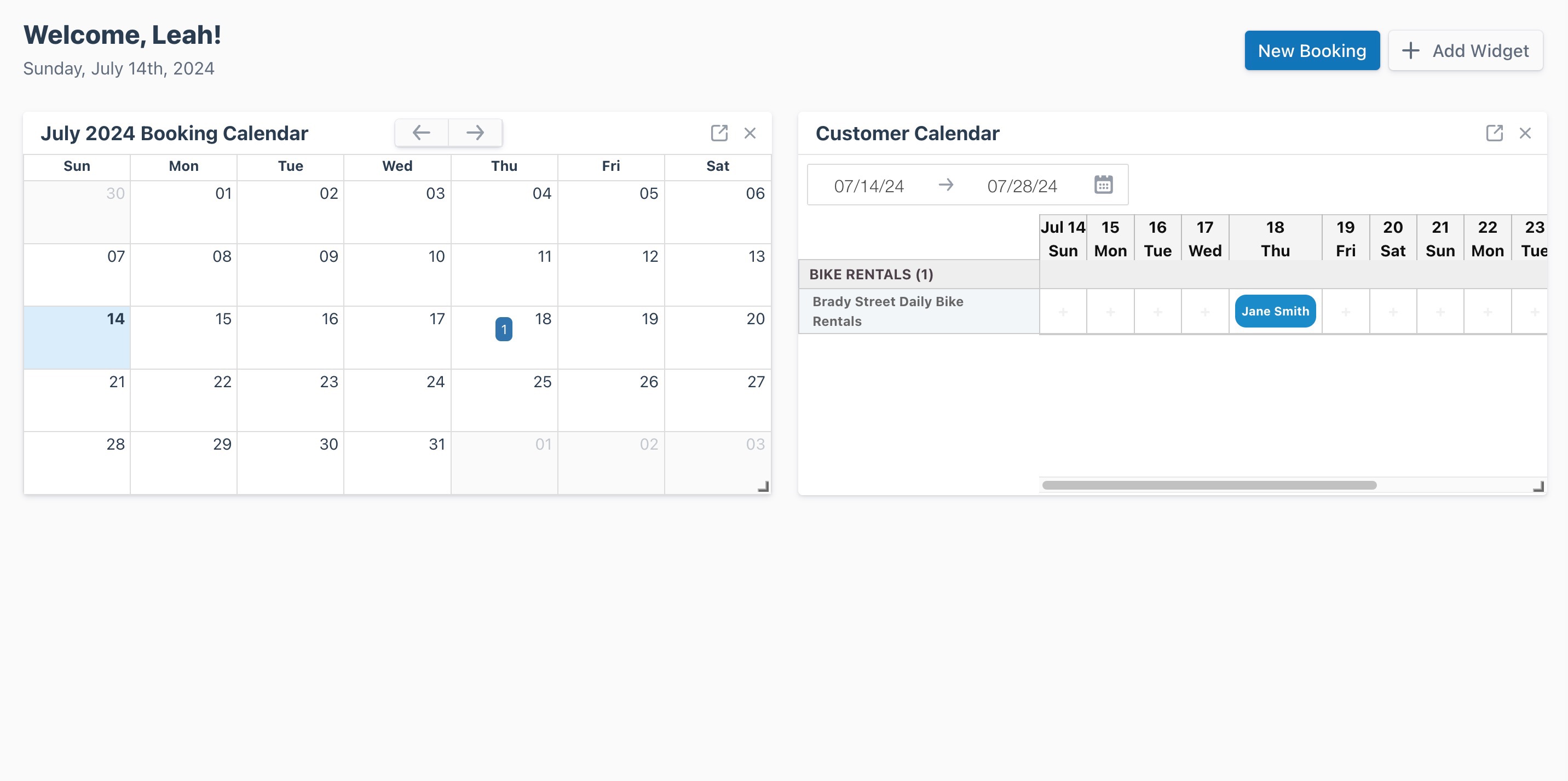 Dashboard page showing an overview with two enabled widgets.