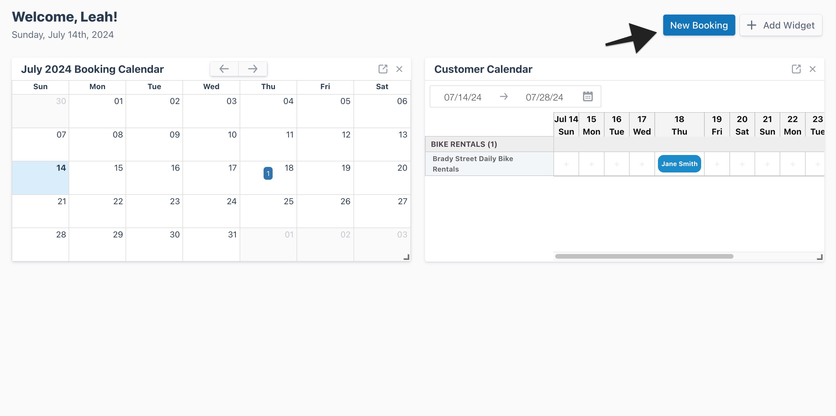 Dashboard page with an arrow highlighting the ‘New Booking’ button to indicate selection.