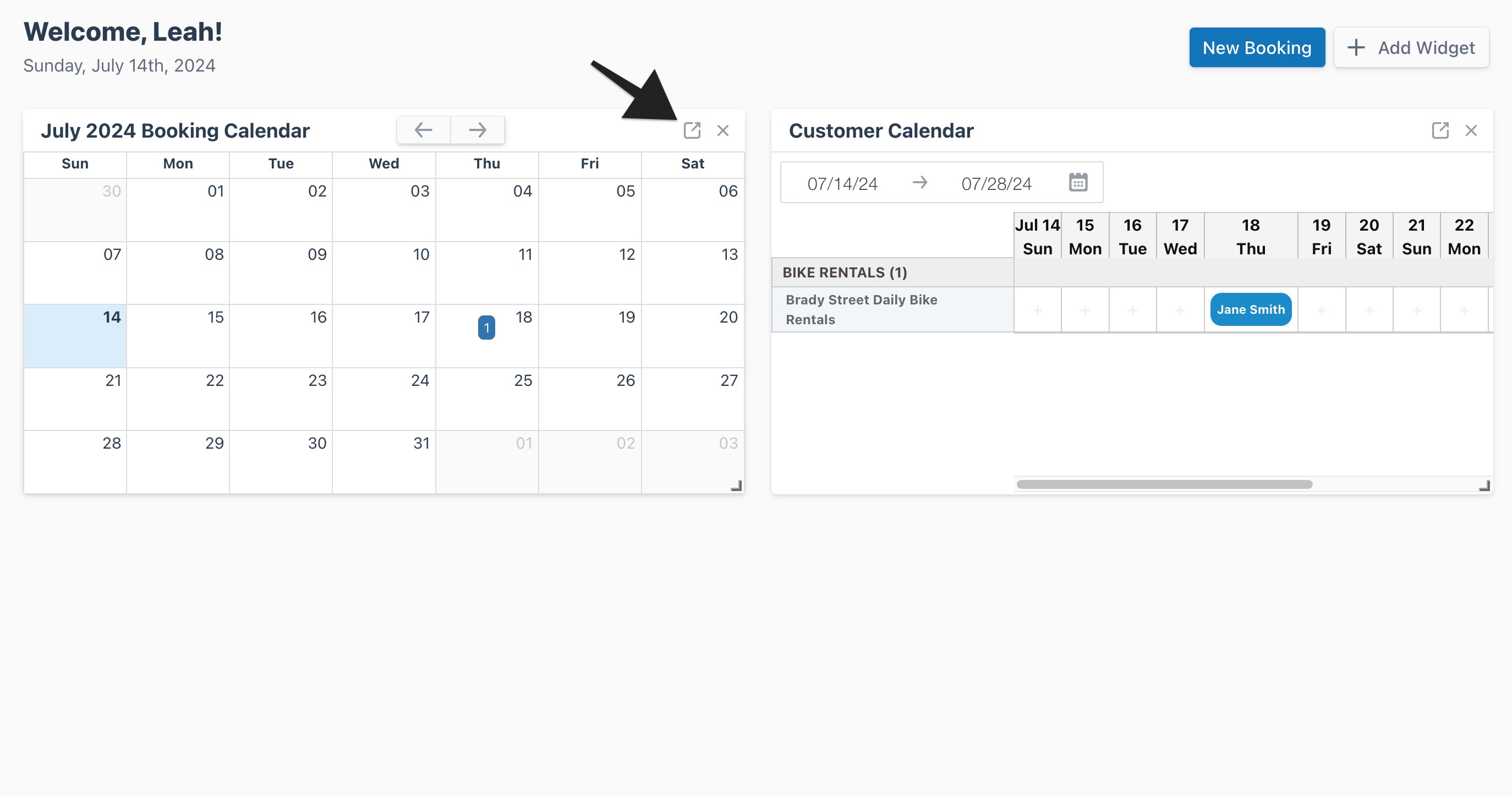 Dashboard page with an arrow highlighting an active widget’s full-screen button.