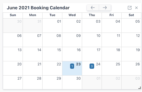 Booking Calendar widget displaying June 2021 calendar dates.