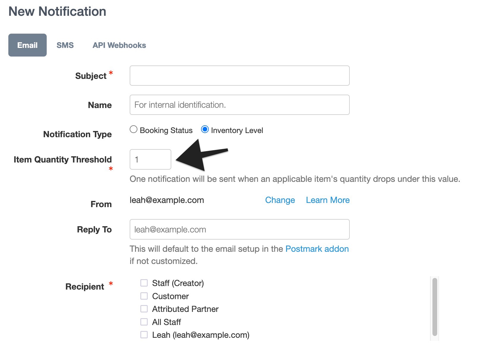 Email notification settings highlighting the 