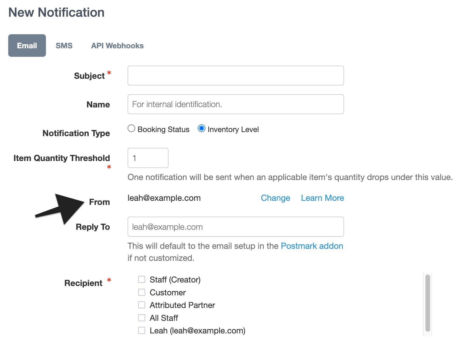 Email notification settings highlighting the 