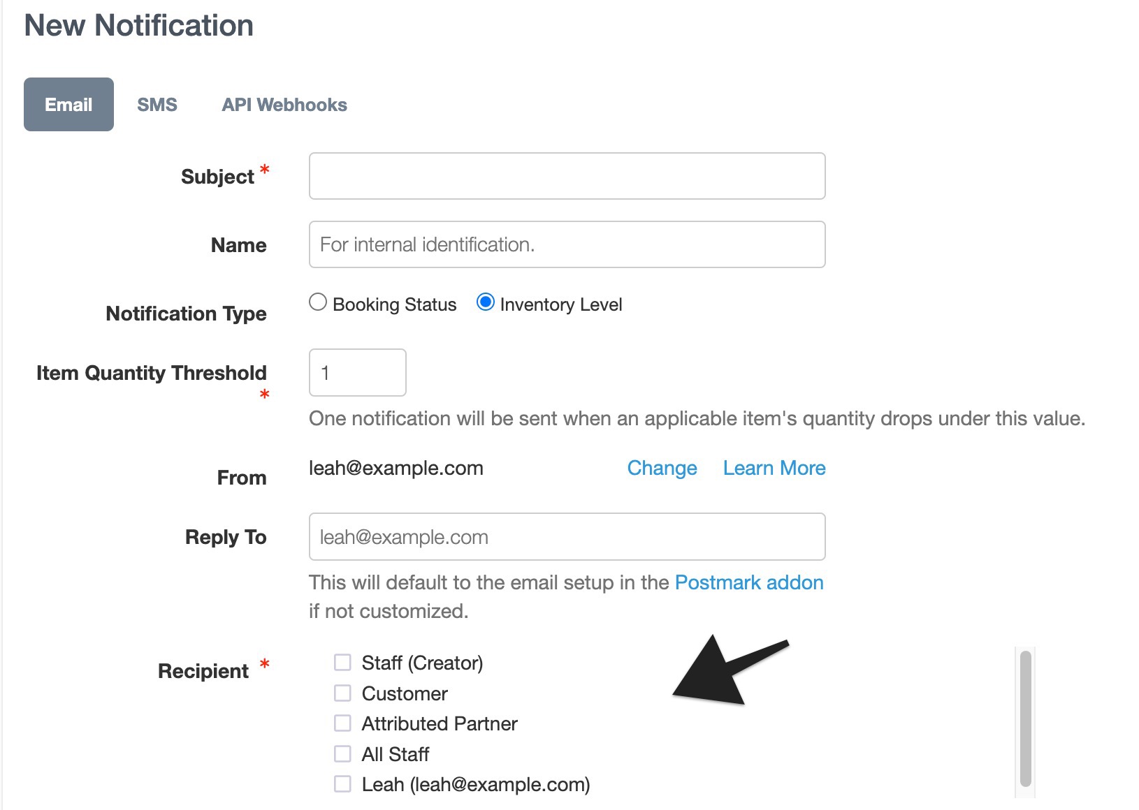Email notification settings highlighting the 