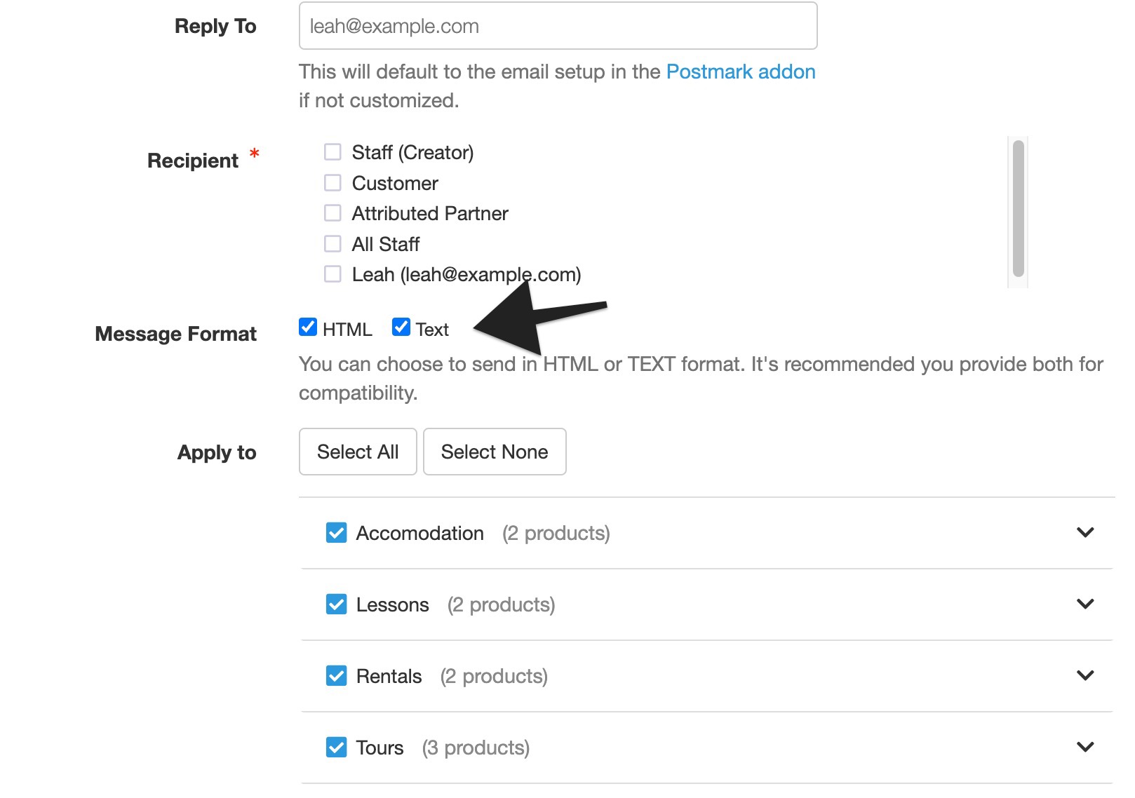 Email notification settings highlighting the 