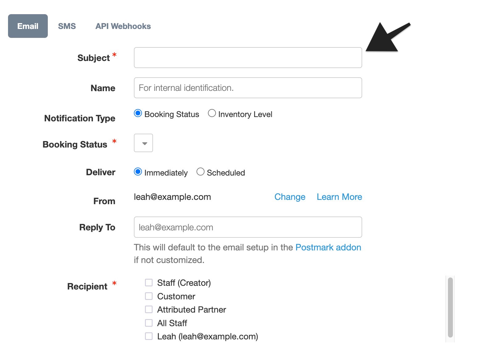Email notification setup highlighting the Subject field where the subject line of the outgoing notification can be customized.