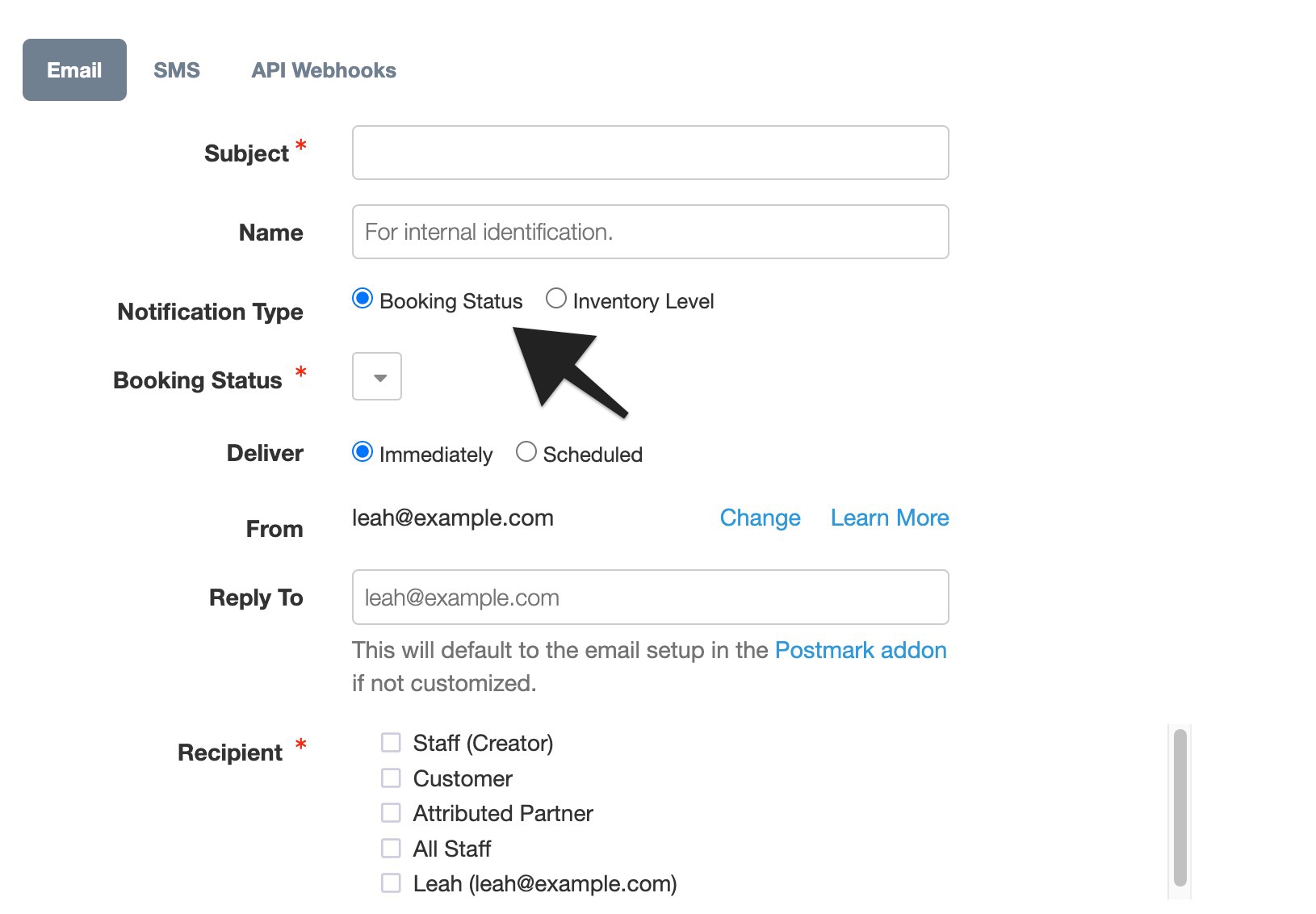 New email notification settings with an arrow pointing to the “Booking Status” option under Notification Type.