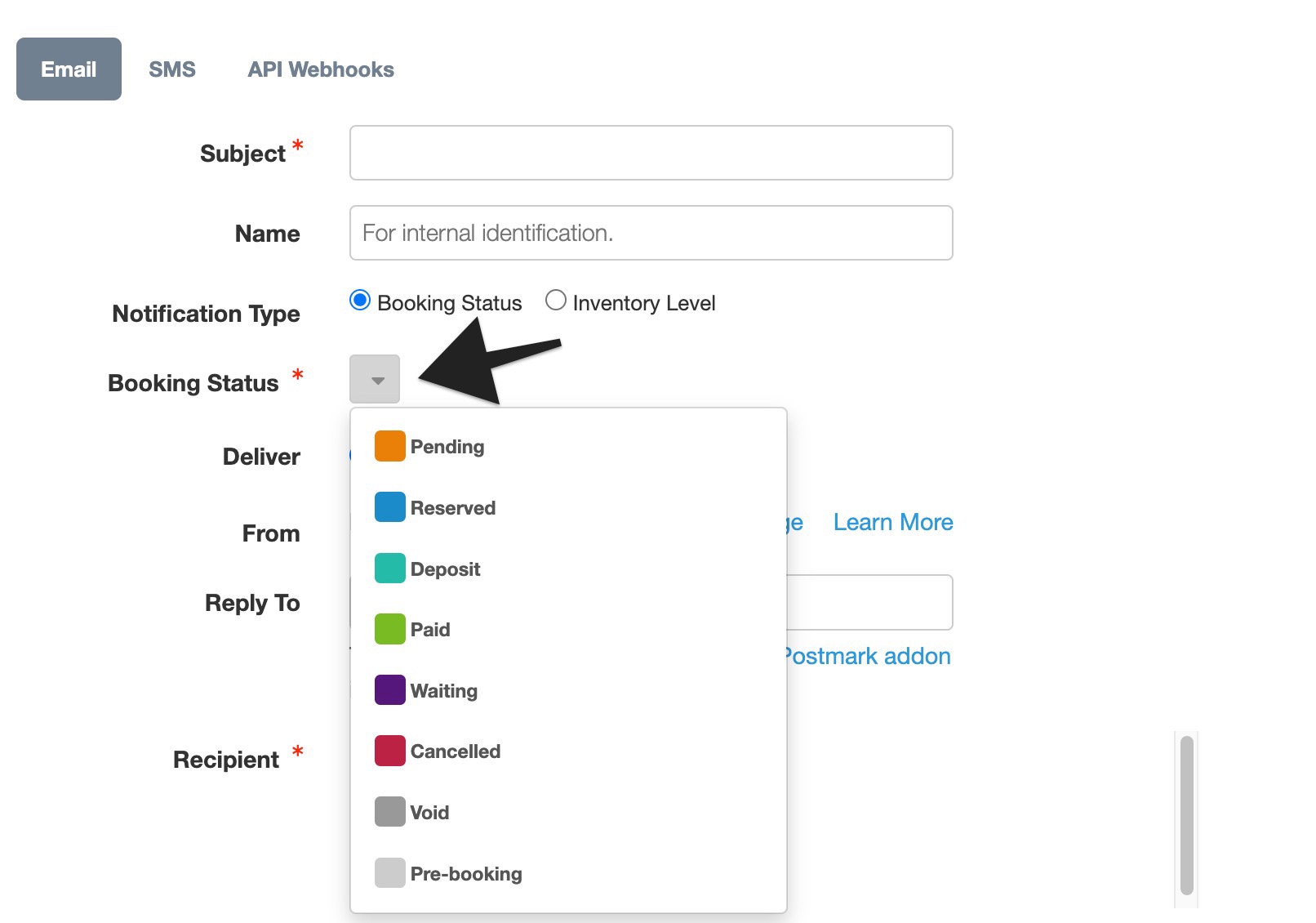 Dropdown menu within email notification settings for selecting a Booking Status trigger, including Pending, Reserved, Deposit, Paid, Waiting, and Cancelled.