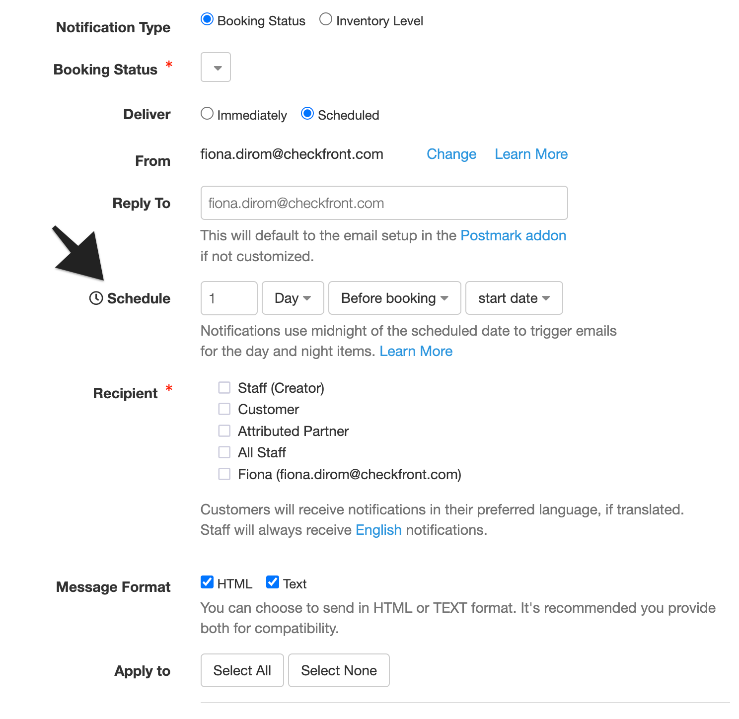 Email notification configuration with Scheduled Delivery selected, allowing setup of notification timing relative to booking events.
