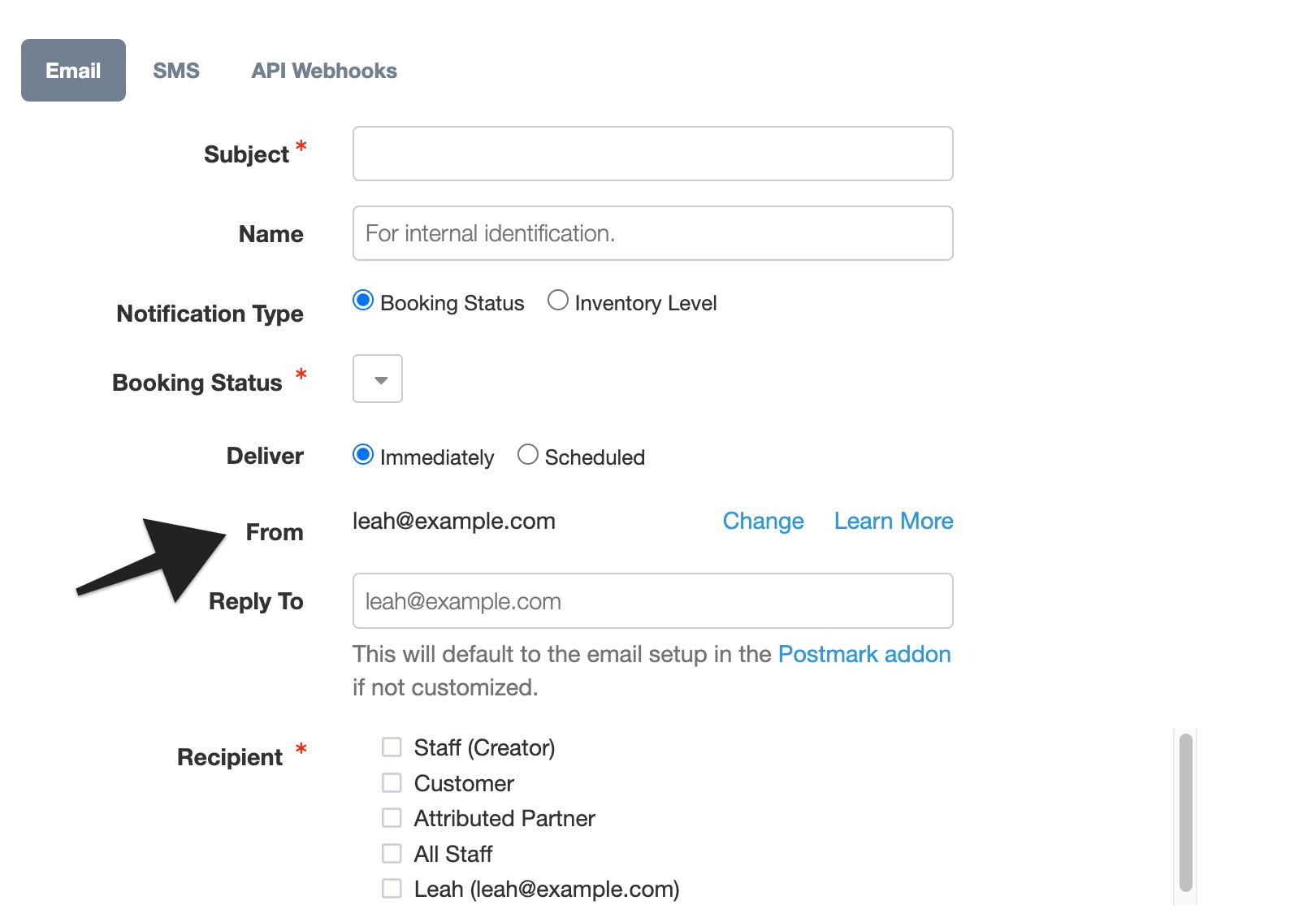 New email notification settings with an arrow pointing to the “From” field where the sender email address is specified.