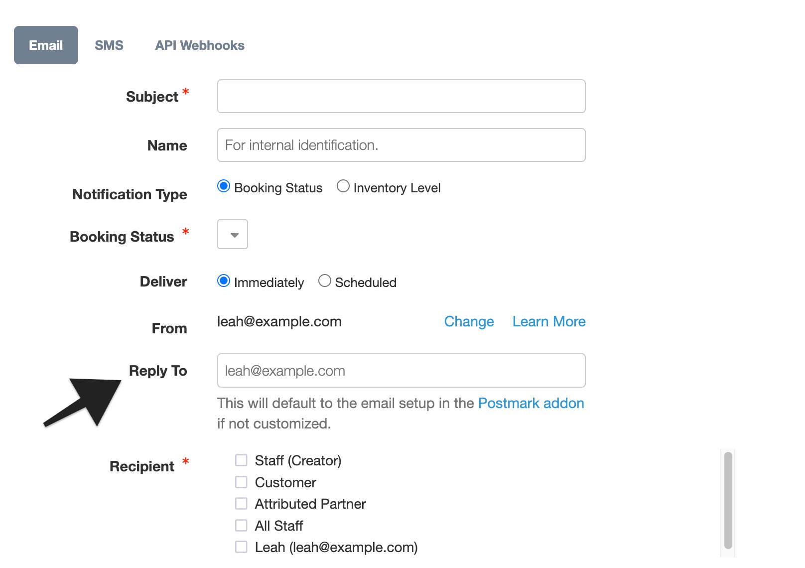 Email notification settings showing the Reply To field, which determines the default reply-to address for notifications.