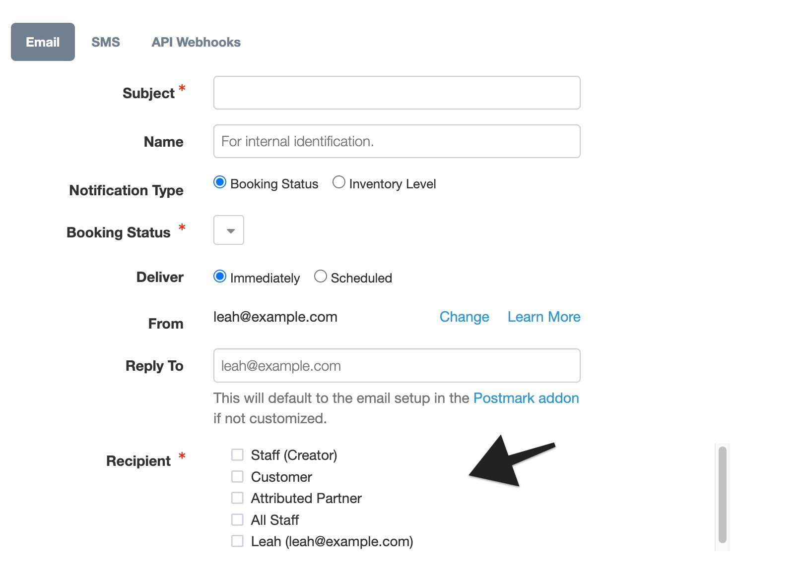 Email notification settings screen highlighting the Recipient section, where different recipients such as Staff, Customer, Partners, or All Staff can be selected.