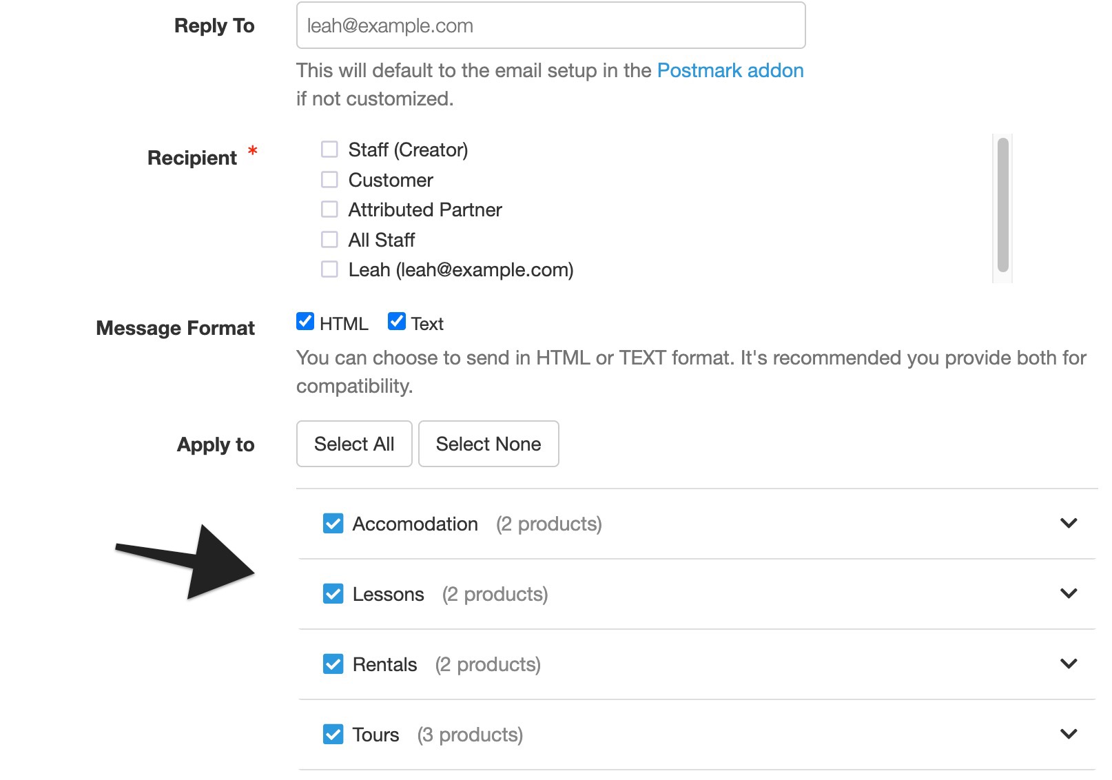 Email notification settings with an arrow highlighting the “Apply to” section where categories like Accommodation, Lessons, Rentals, and Tours can be selected.