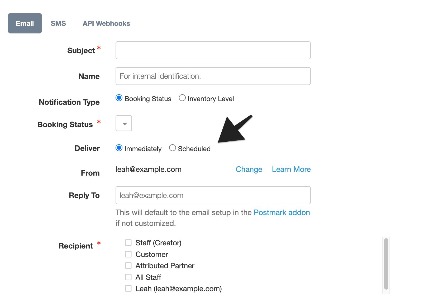 New email notification settings with an arrow highlighting the “Deliver” options, showing Immediate or Scheduled.
