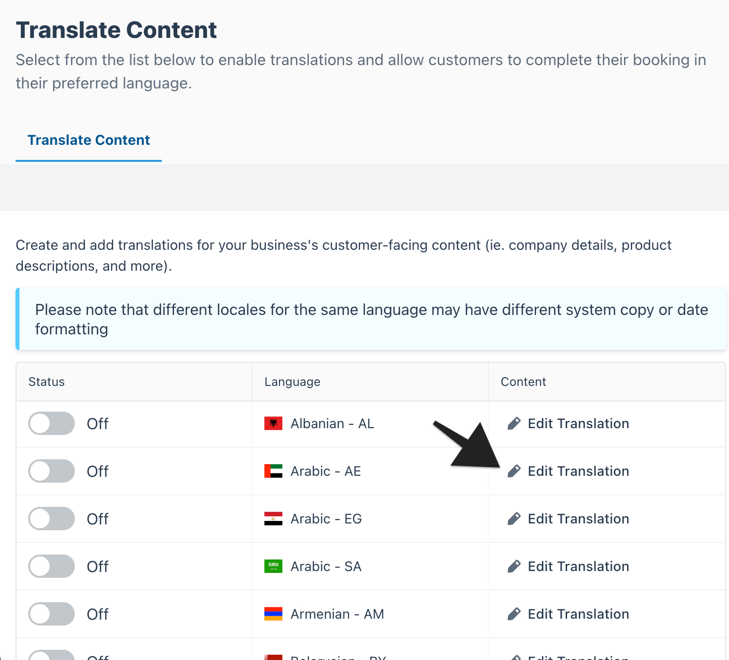 Translate Content page showing available languages with the arrow pointing to the 