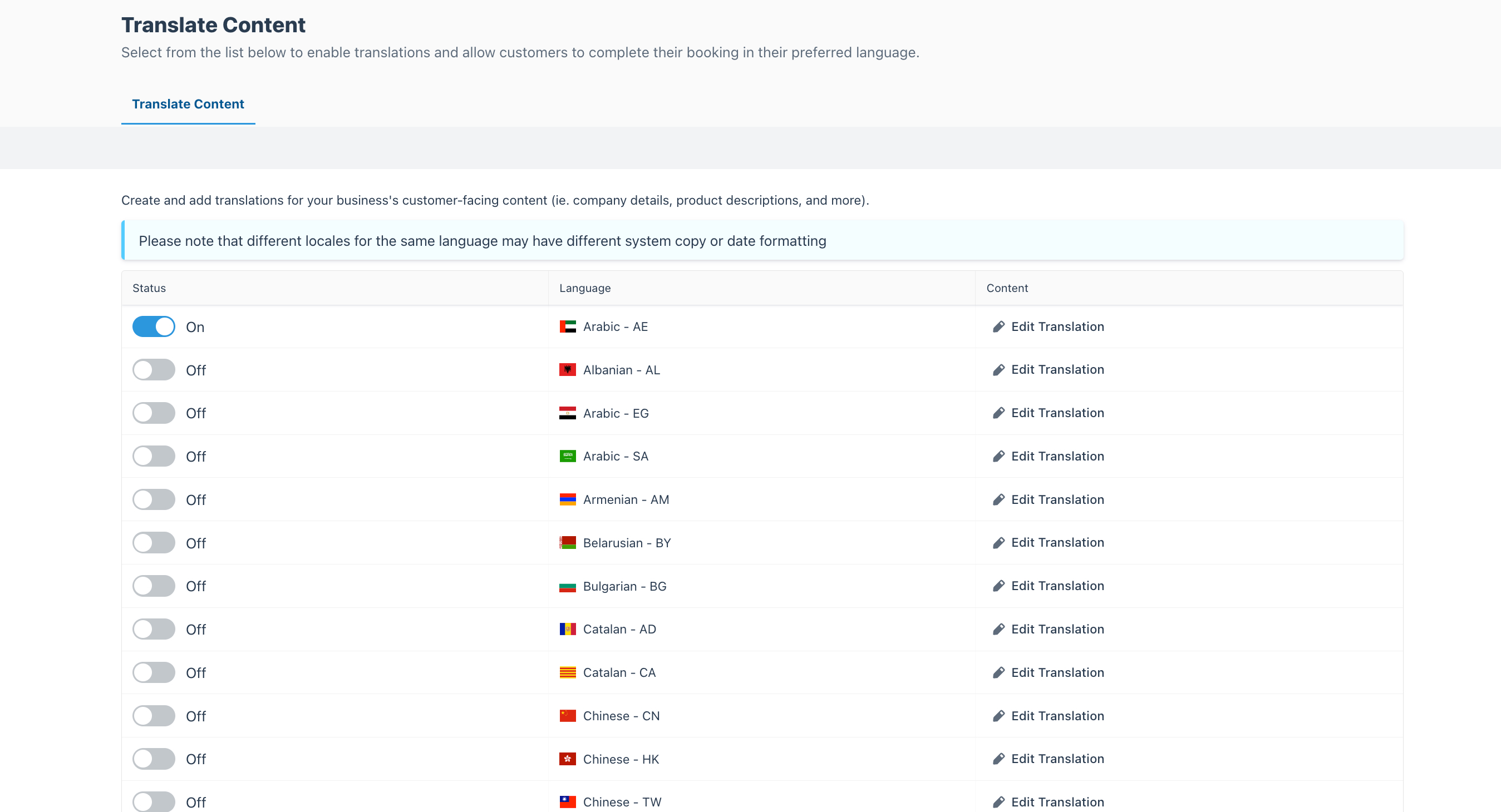 Languages configuration page showing “Translate Content” toggle option.