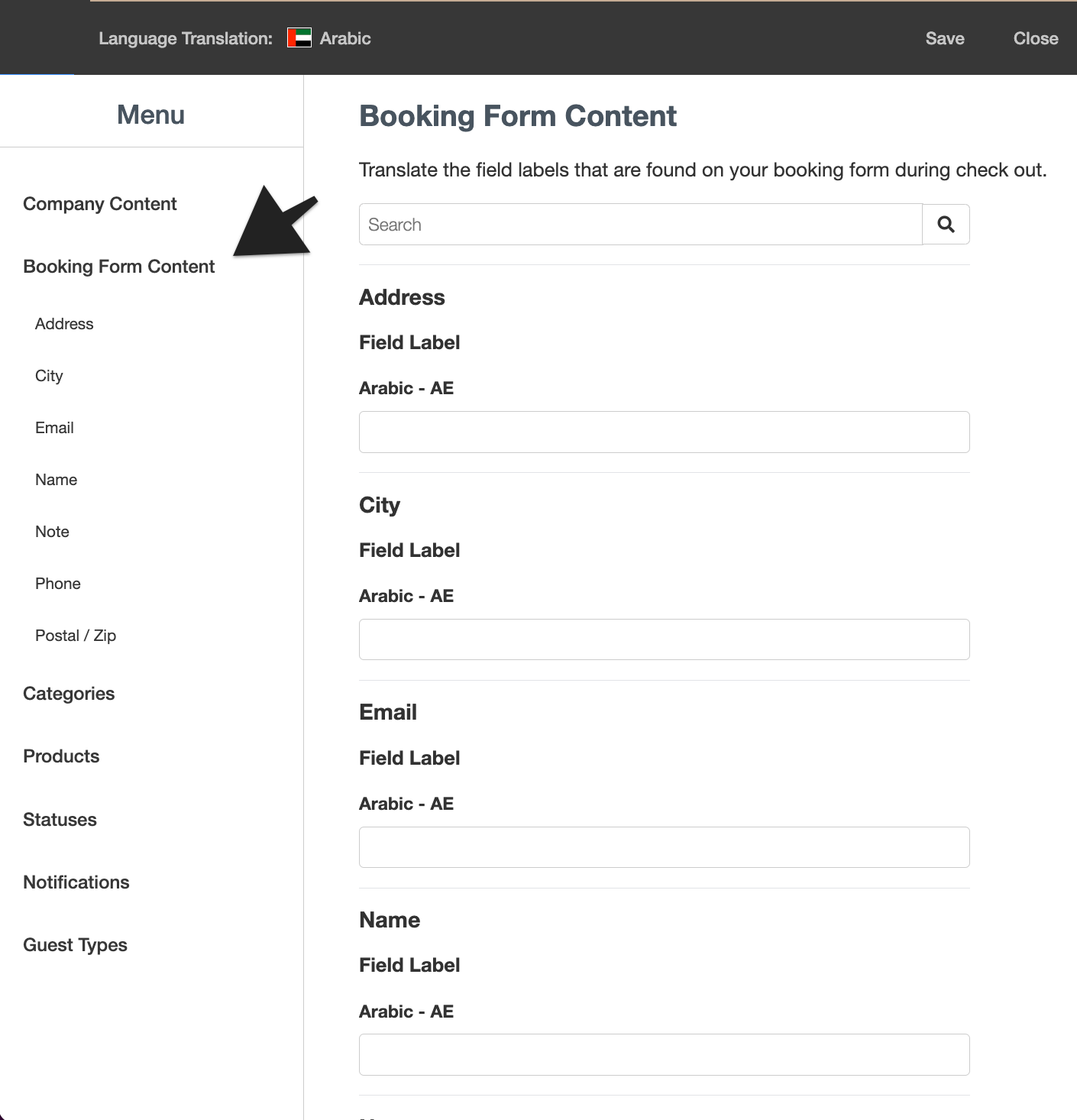 Translation content page showing list of selectable entries for translation.