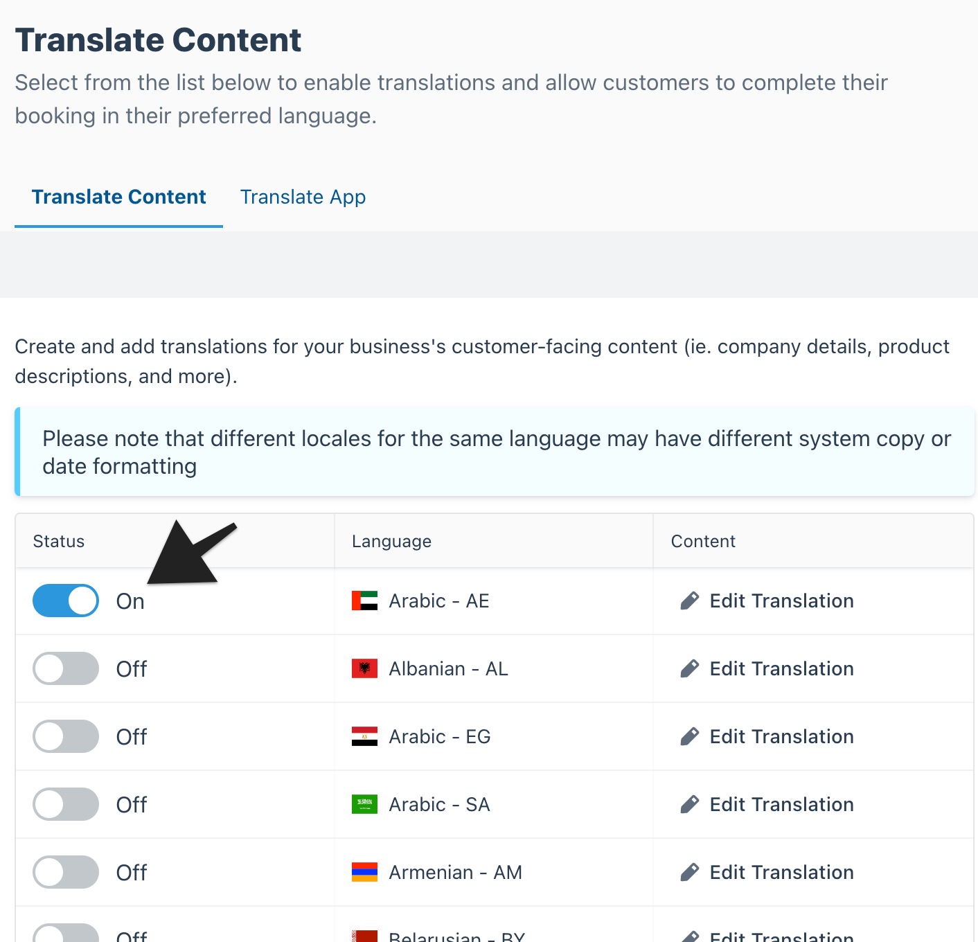 Translate Content settings screen showing Arabic (AE) enabled with the status toggle set to On.