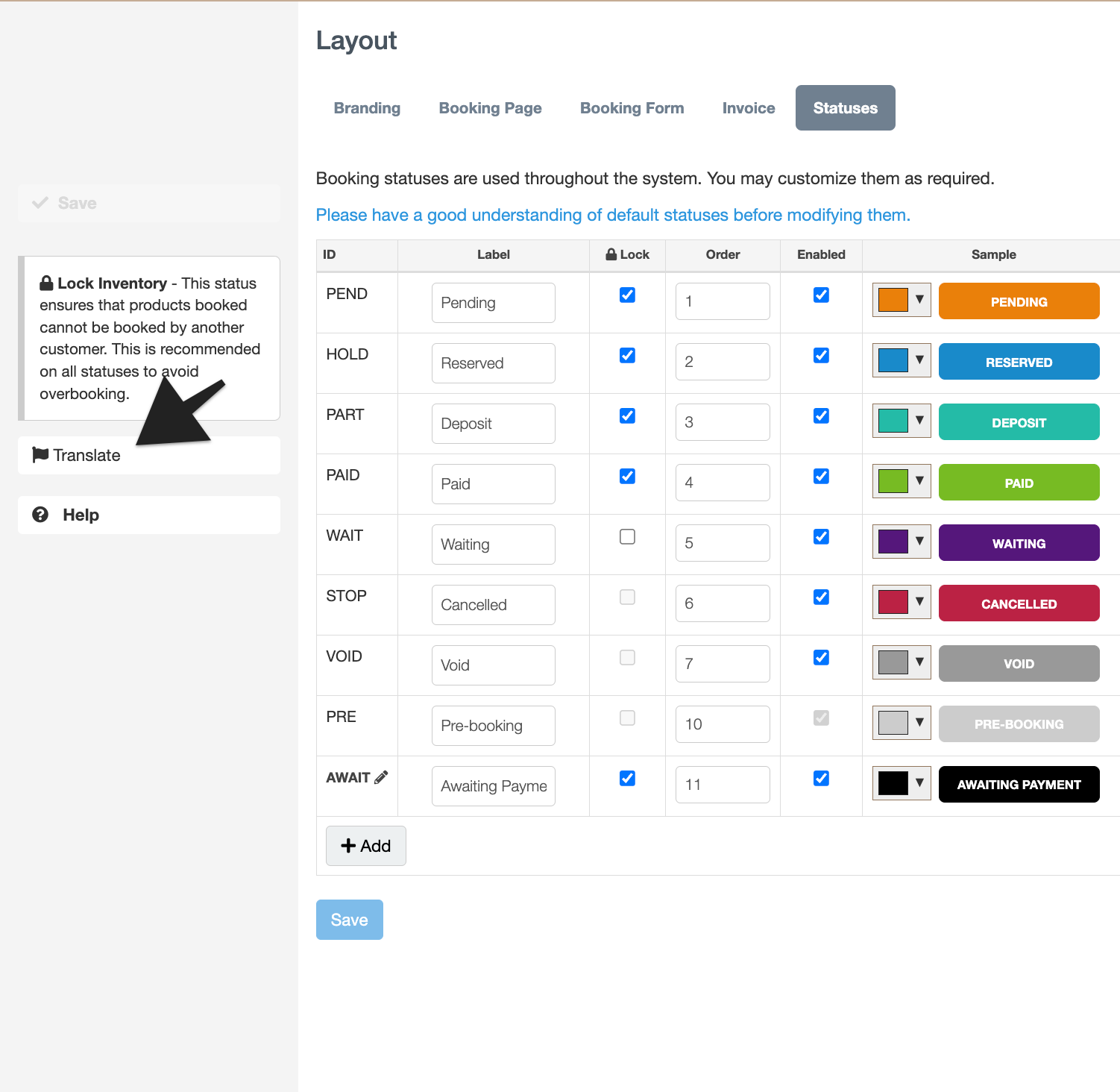 Layout statuses page with Translate option available in the actions menu.