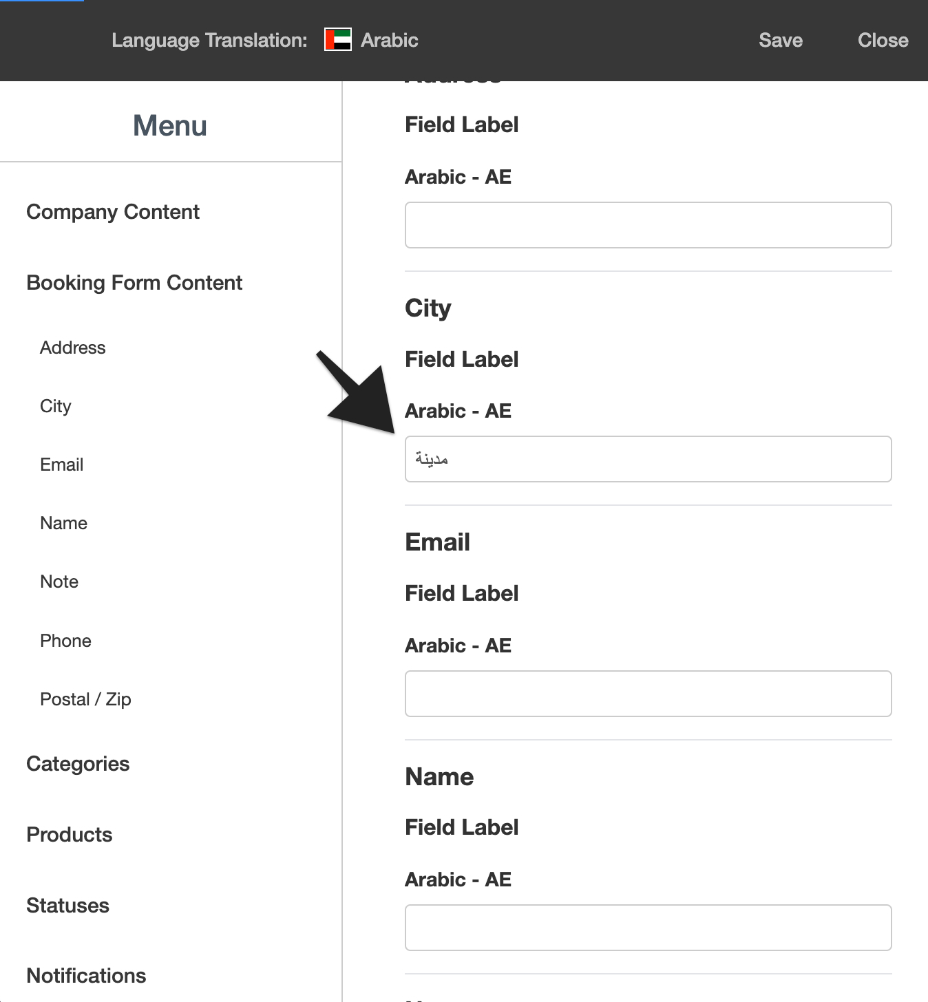 Translation content page with field input open for editing selected text.