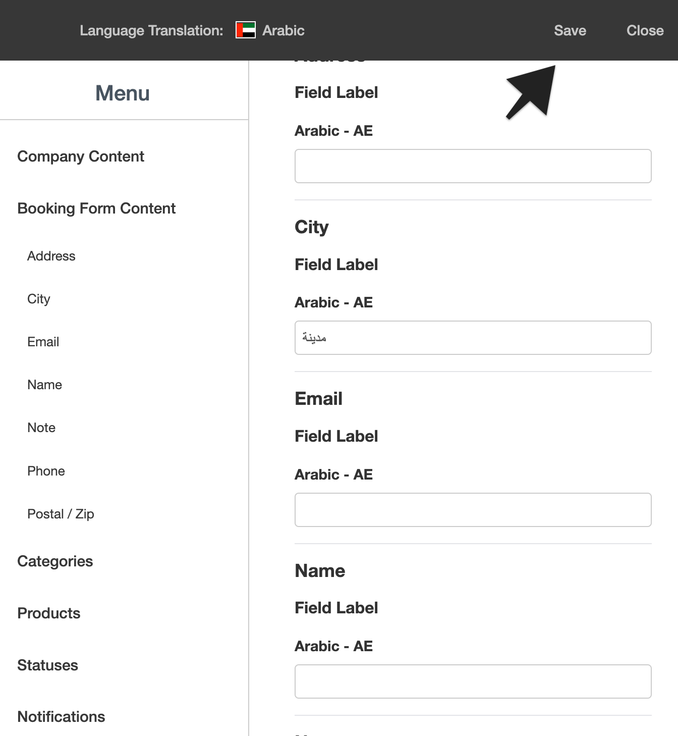Translation content page with Save button highlighted for saving changes.