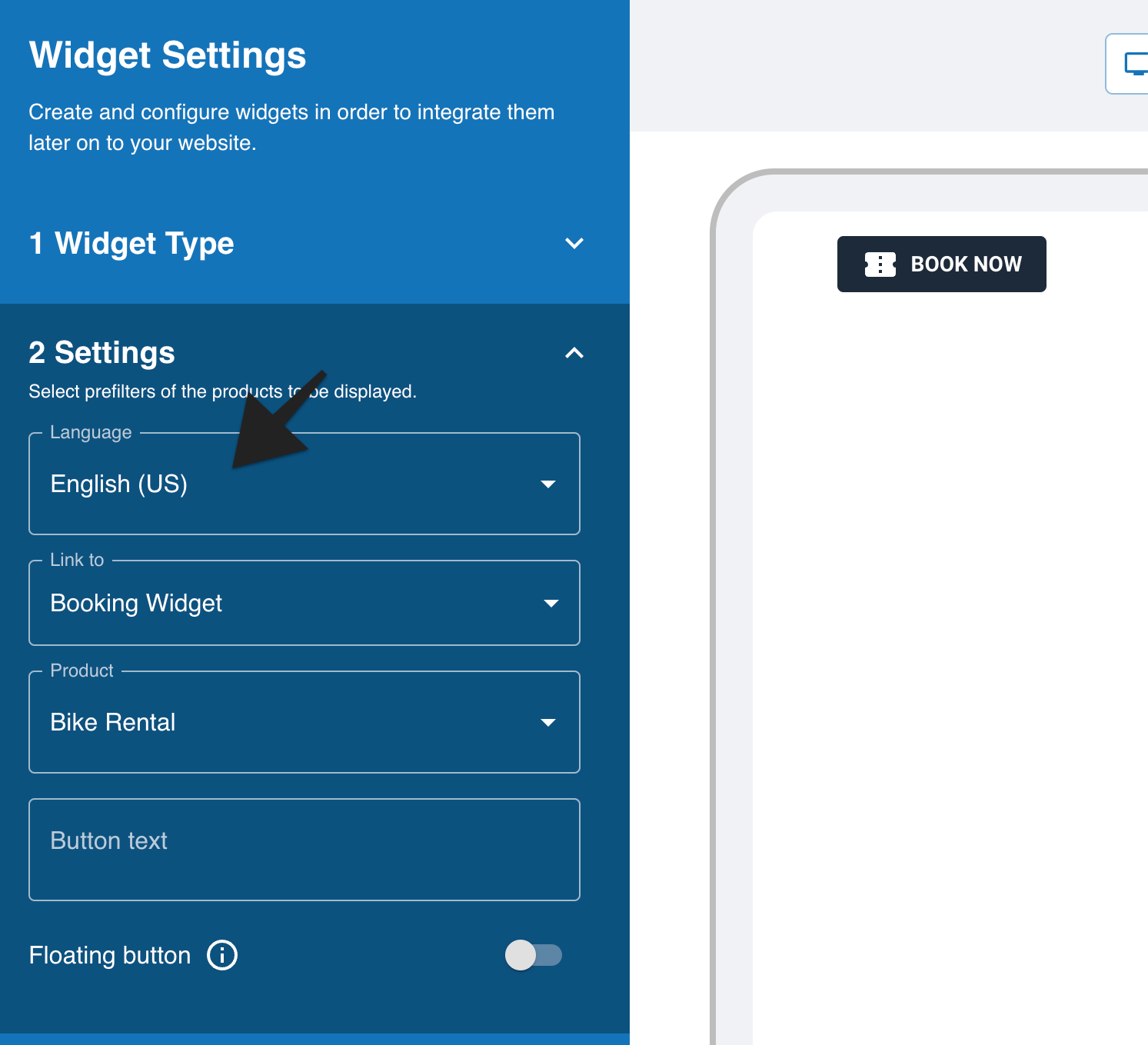 Booking widget settings panel with the arrow pointing to the Language dropdown set to English (US).
