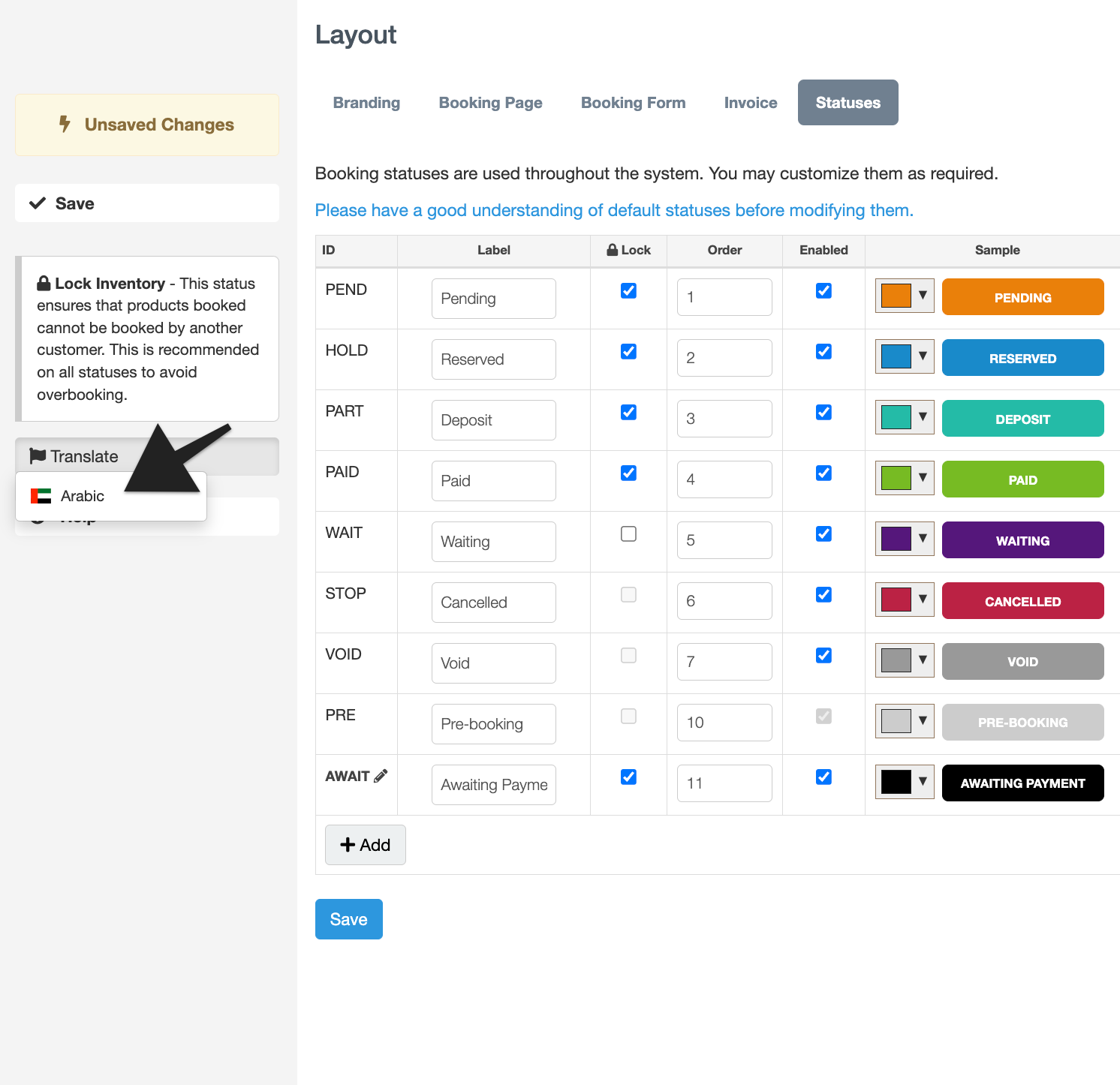 Layout statuses translation window with dropdown menu to select language.