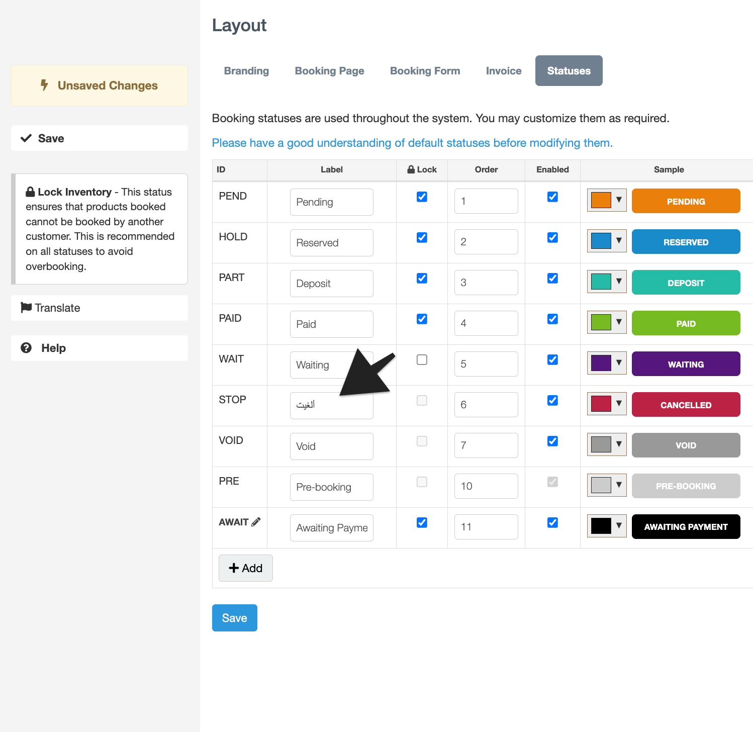 Translate Label dialog for layout statuses highlighting editable text field.