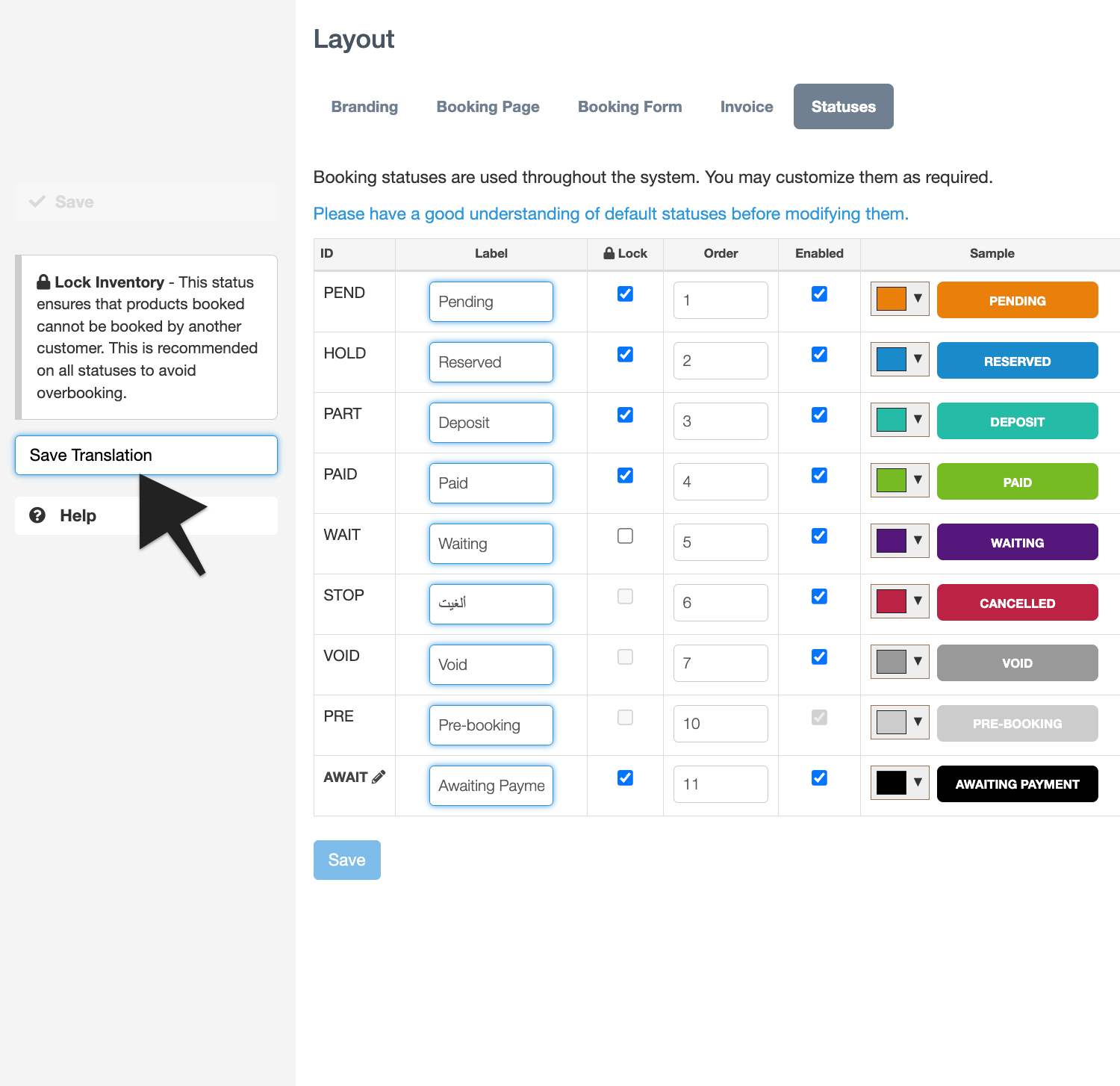 Save Translation window for layout statuses showing confirmation button.