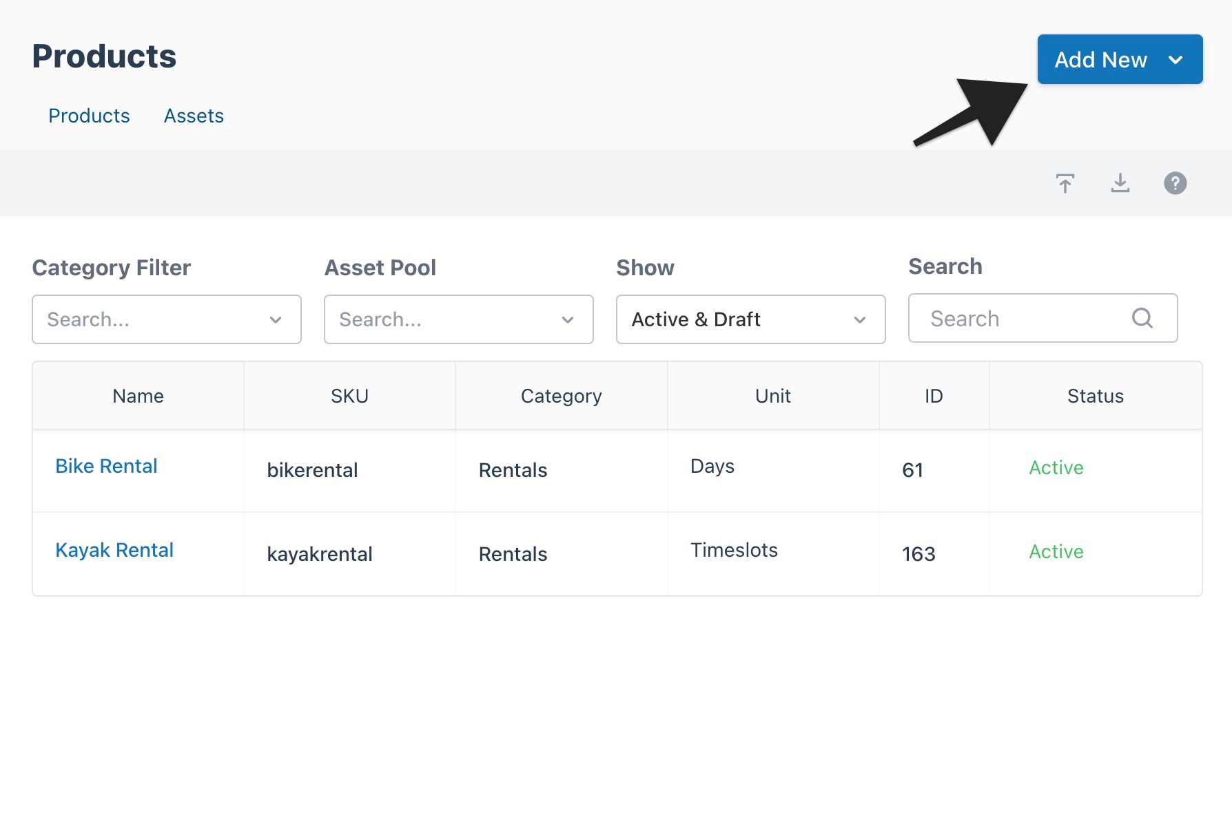 Products dashboard with arrow pointing to “Add New” button for creating a new product.