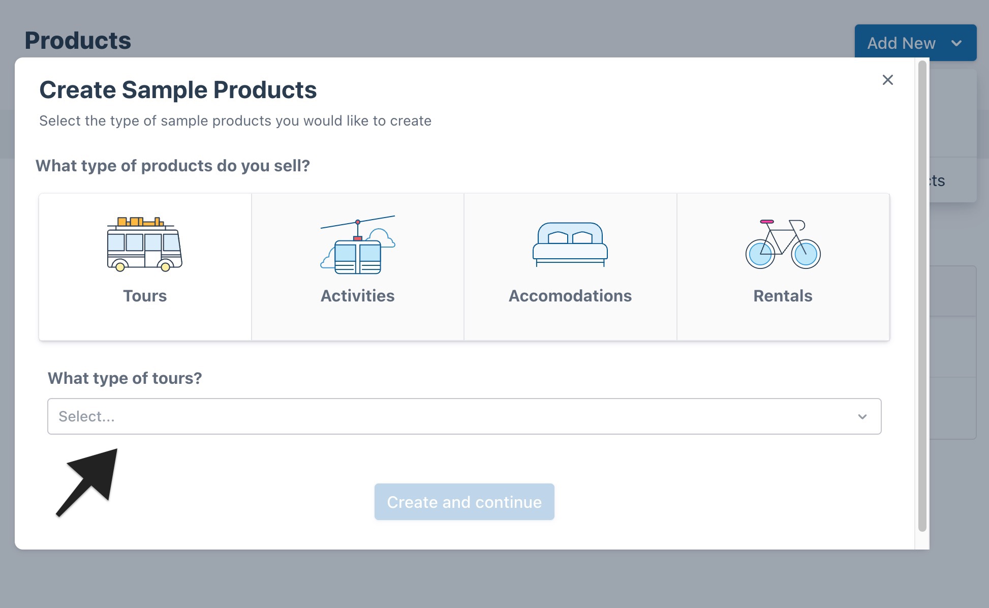 Create Sample Products window with arrow pointing to “Activities” option when selecting product type.