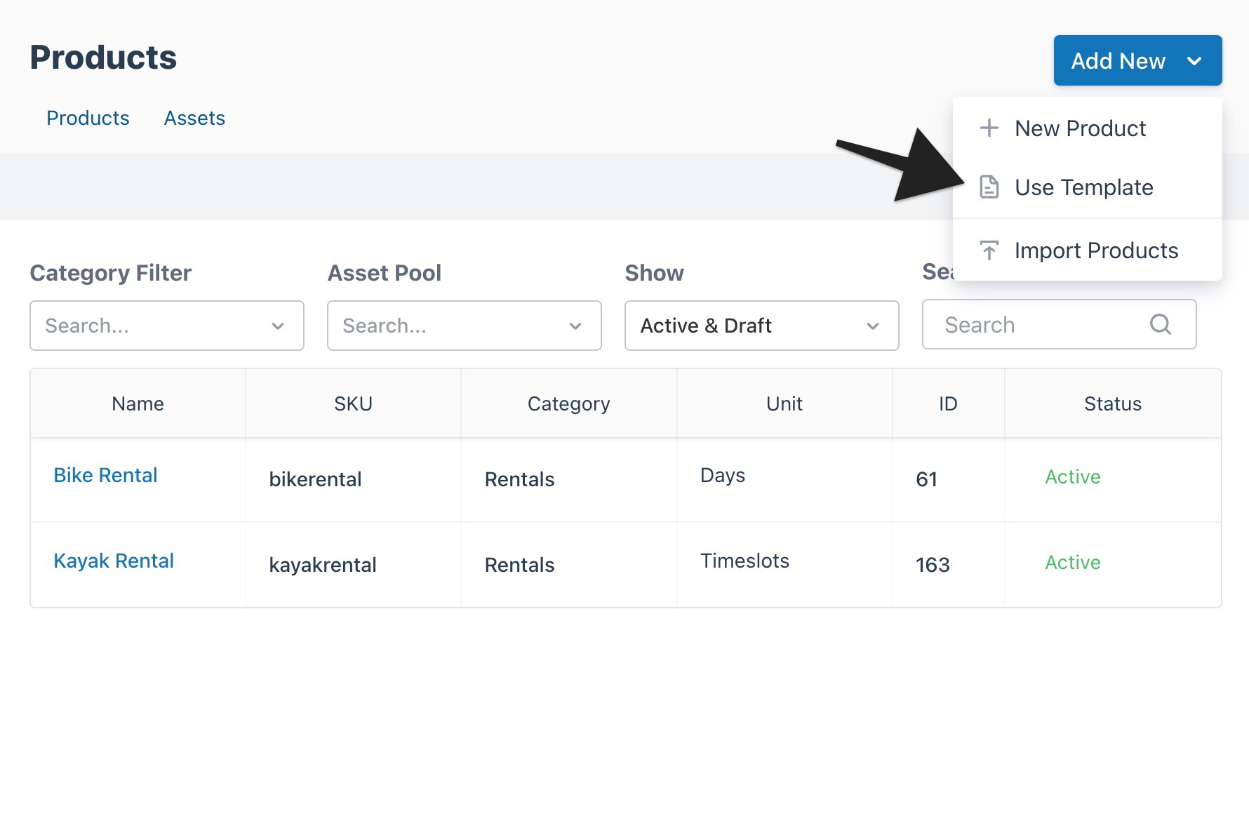 Products dashboard with arrow pointing to “Use Template” option under the “Add New” menu.