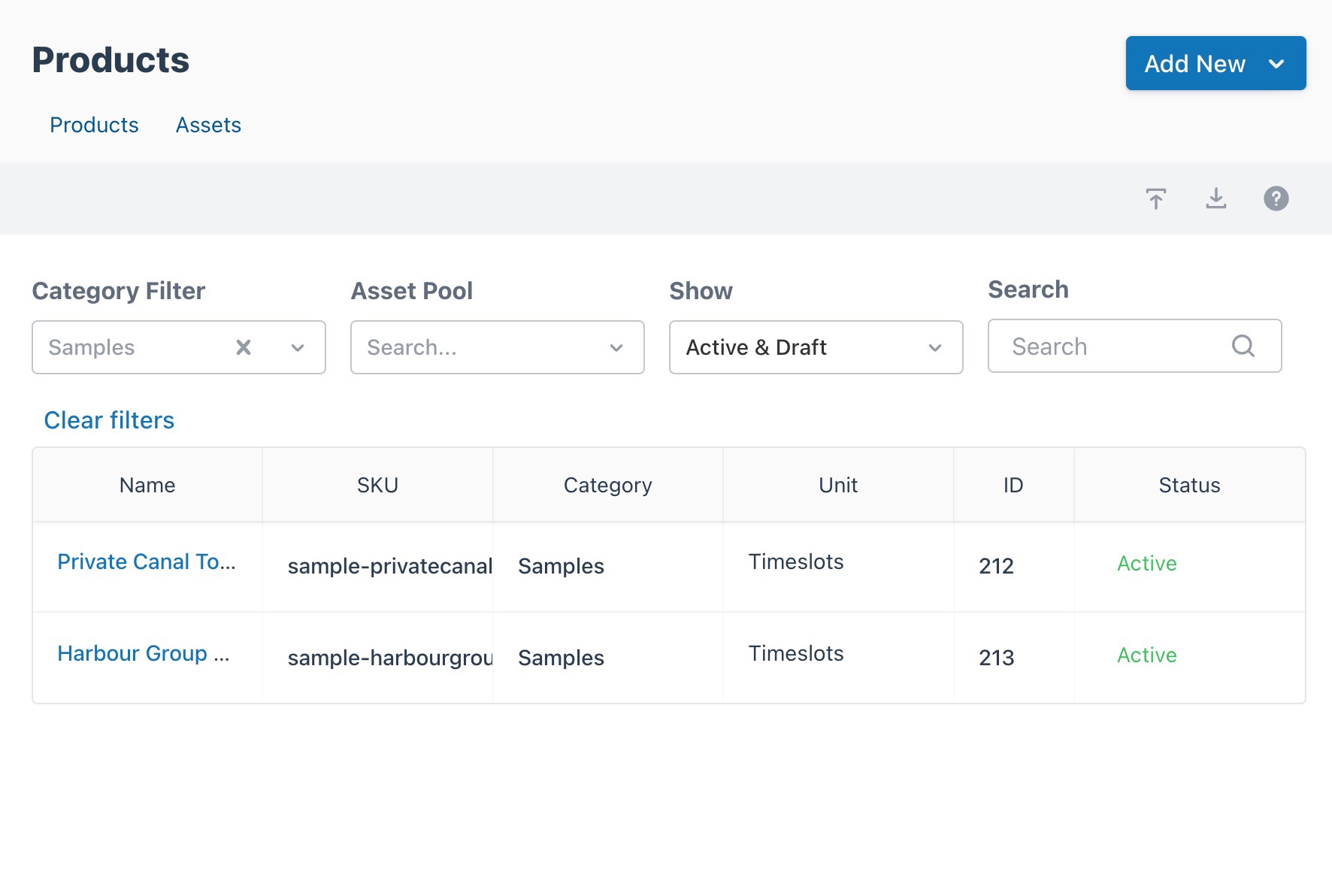 Products dashboard filtered to “Samples” category, showing example tours and rentals in the product list.
