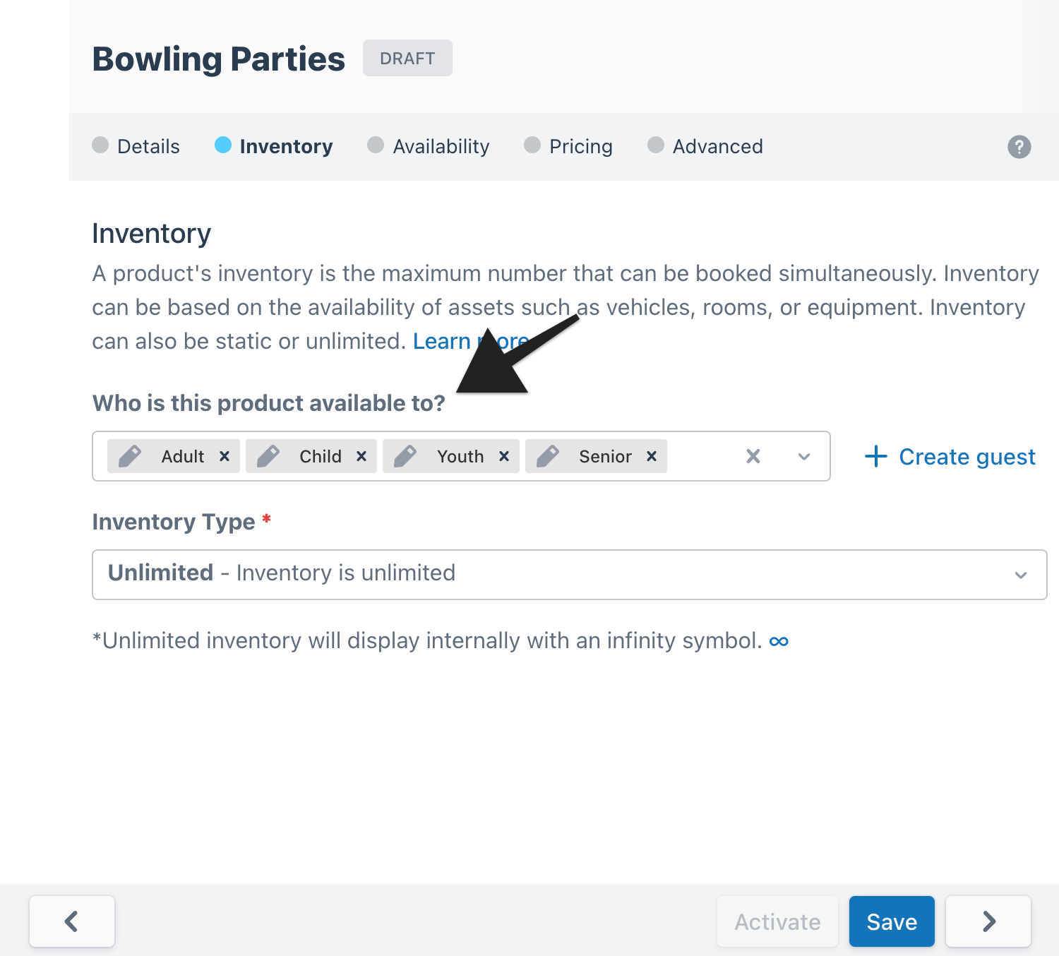Inventory settings showing selected guest types Adult, Child, Youth, and Senior with unlimited inventory type.