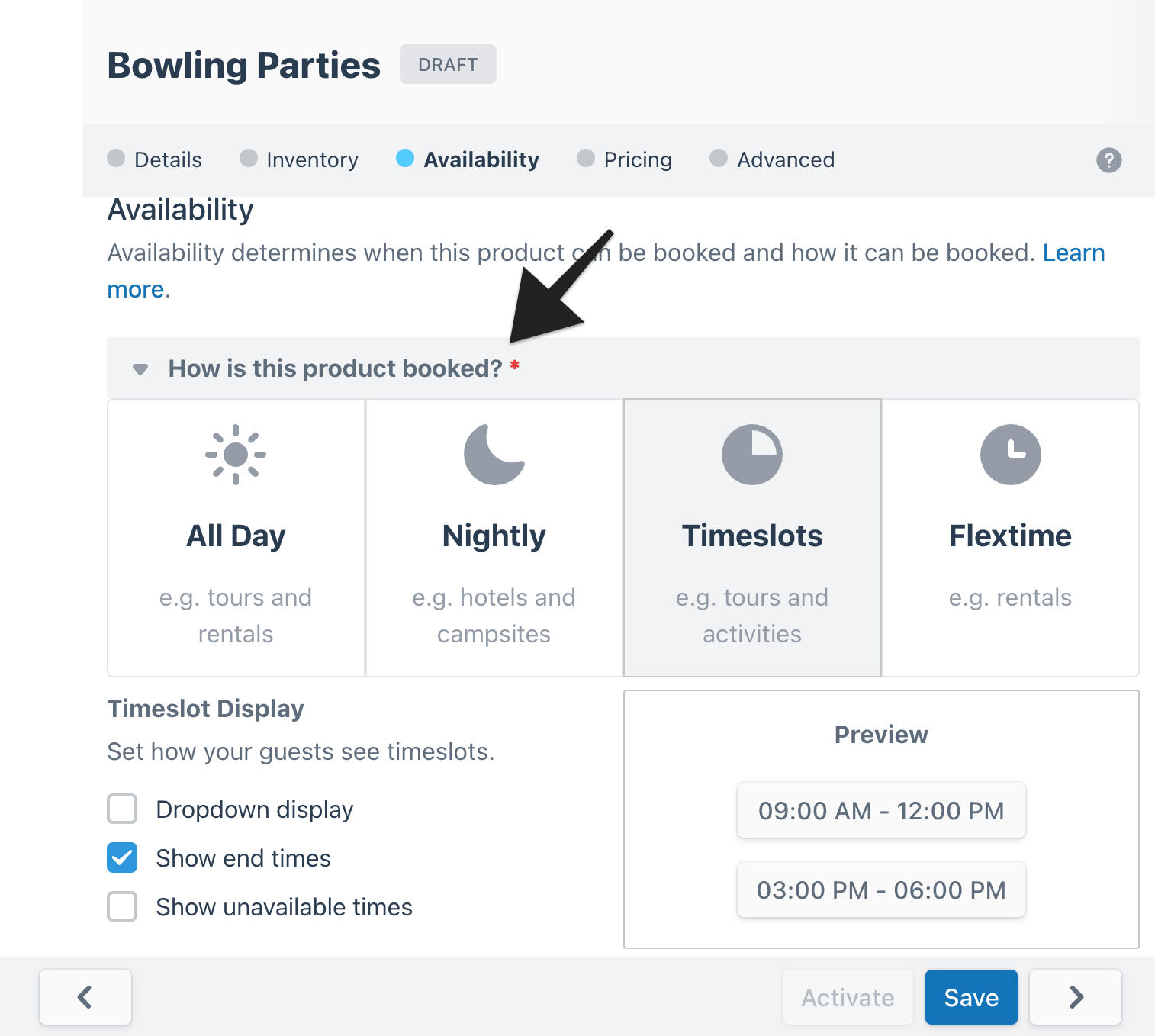 Availability settings screen with booking options for all day, nightly, timeslots, or flex time.
