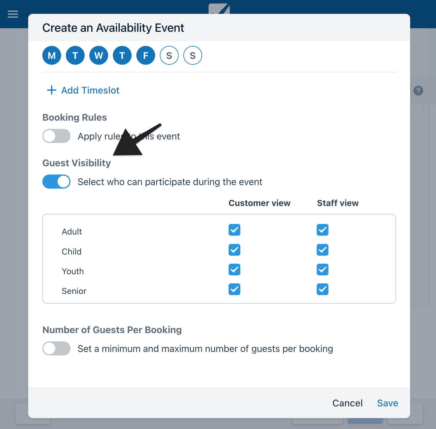 Create an availability event settings with guest visibility options for Adult, Child, Youth, and Senior.