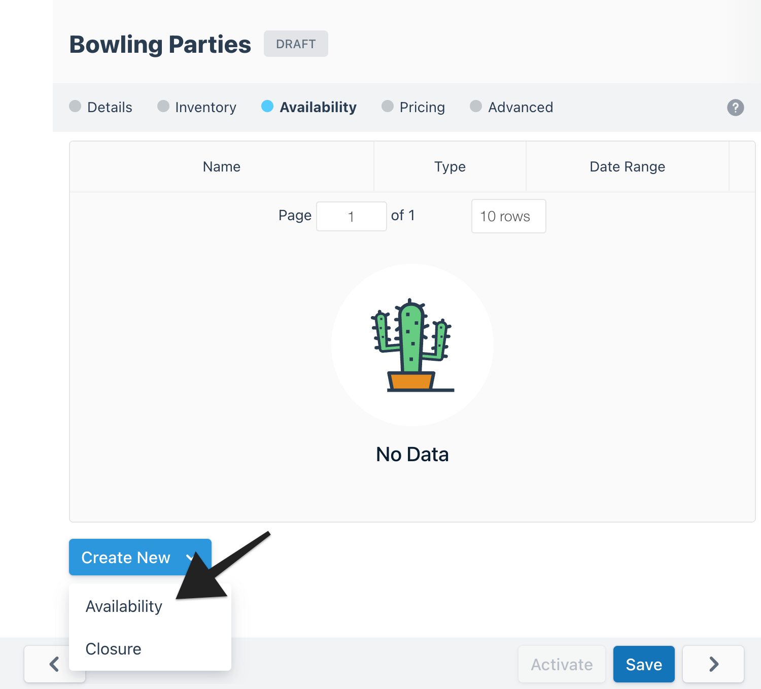 Product availability screen showing 'Create New' menu with option to add new availability or closure.