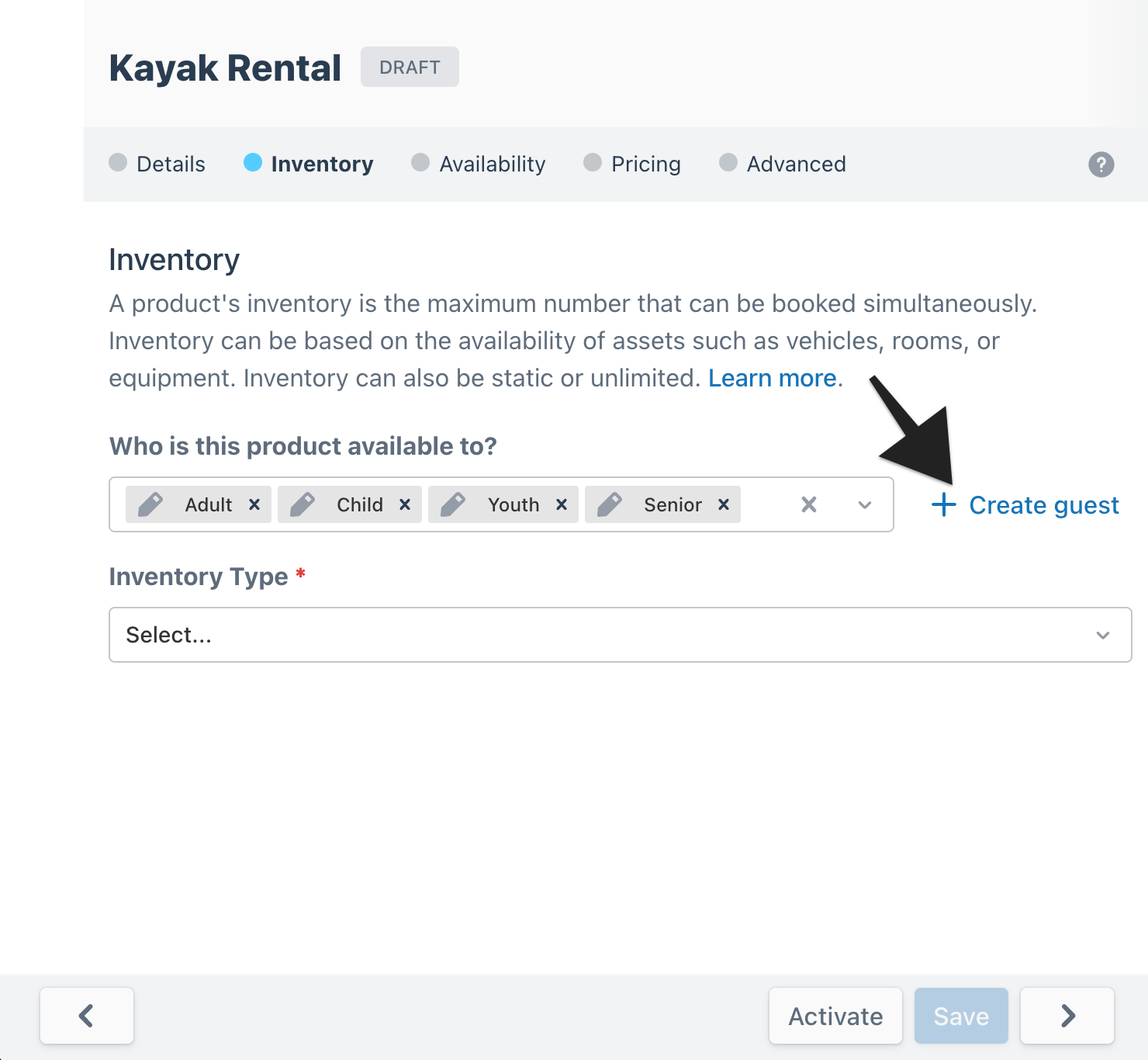 Product setup screen showing the option to create a new guest type with categories like Adult, Child, Youth, and Senior. Arrow points to ‘Create guest’ link.