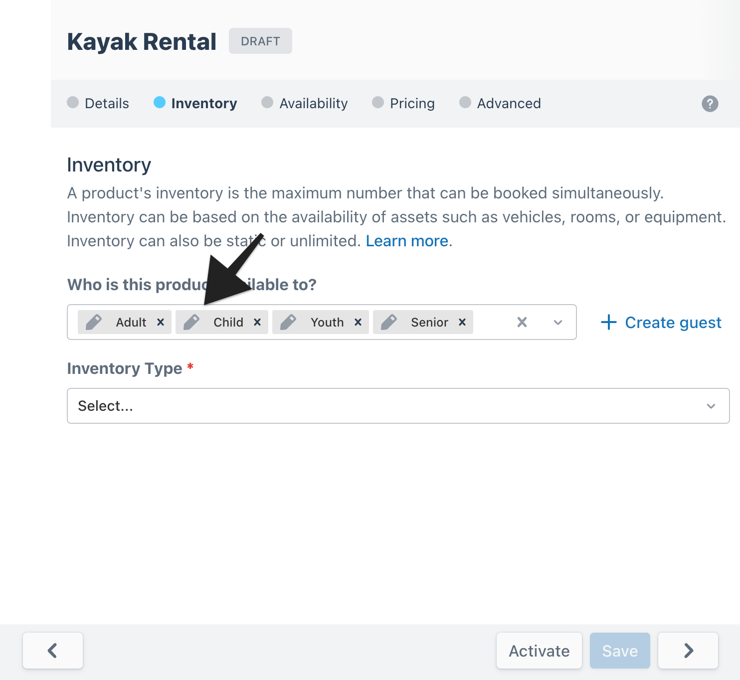 Product inventory settings with guest types Adult, Child, Youth, and Senior. Arrow highlights the editable ‘Child’ guest type.