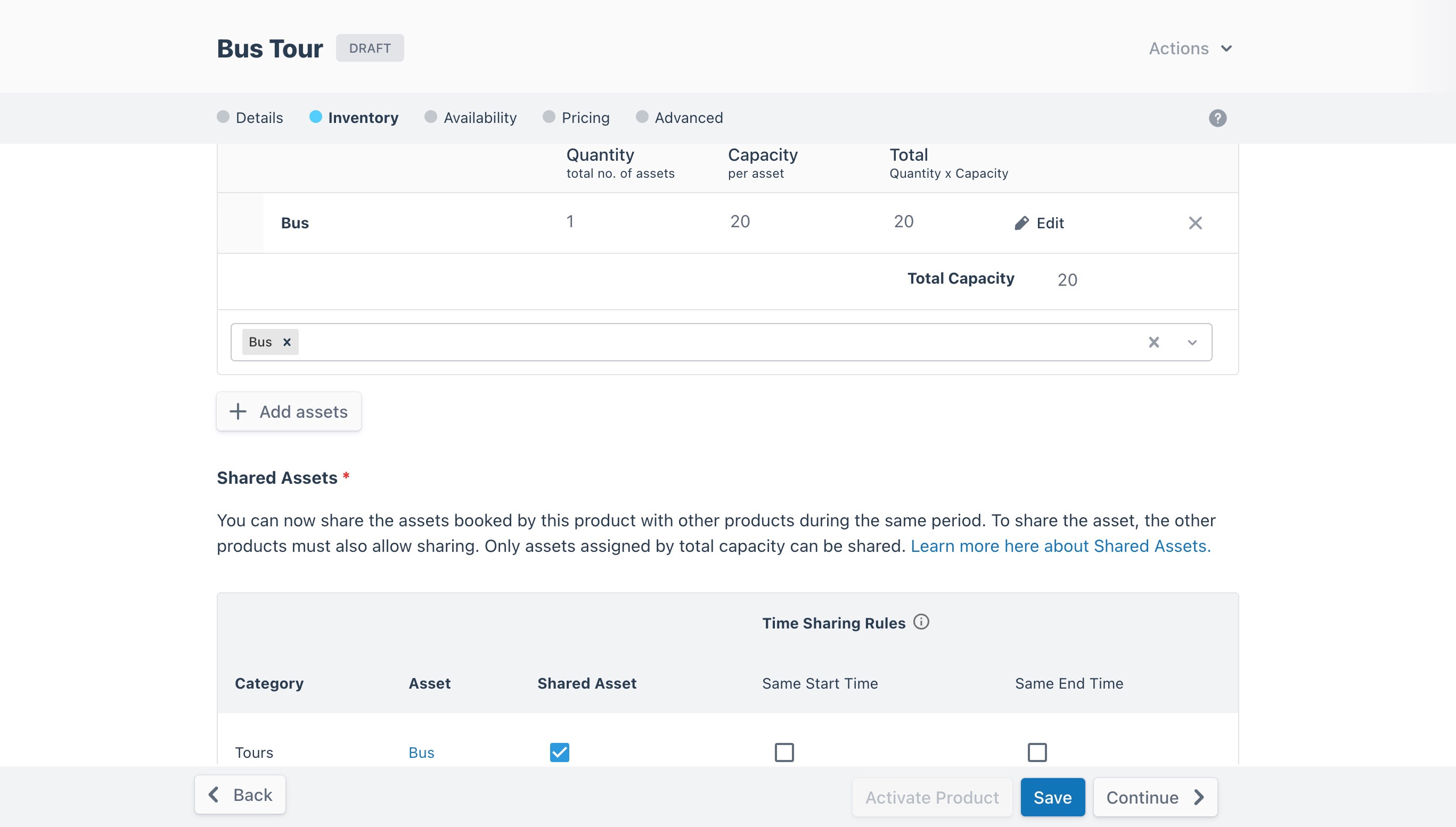 Product inventory tab displaying an overview of a configured ‘Bus Tour’ product.