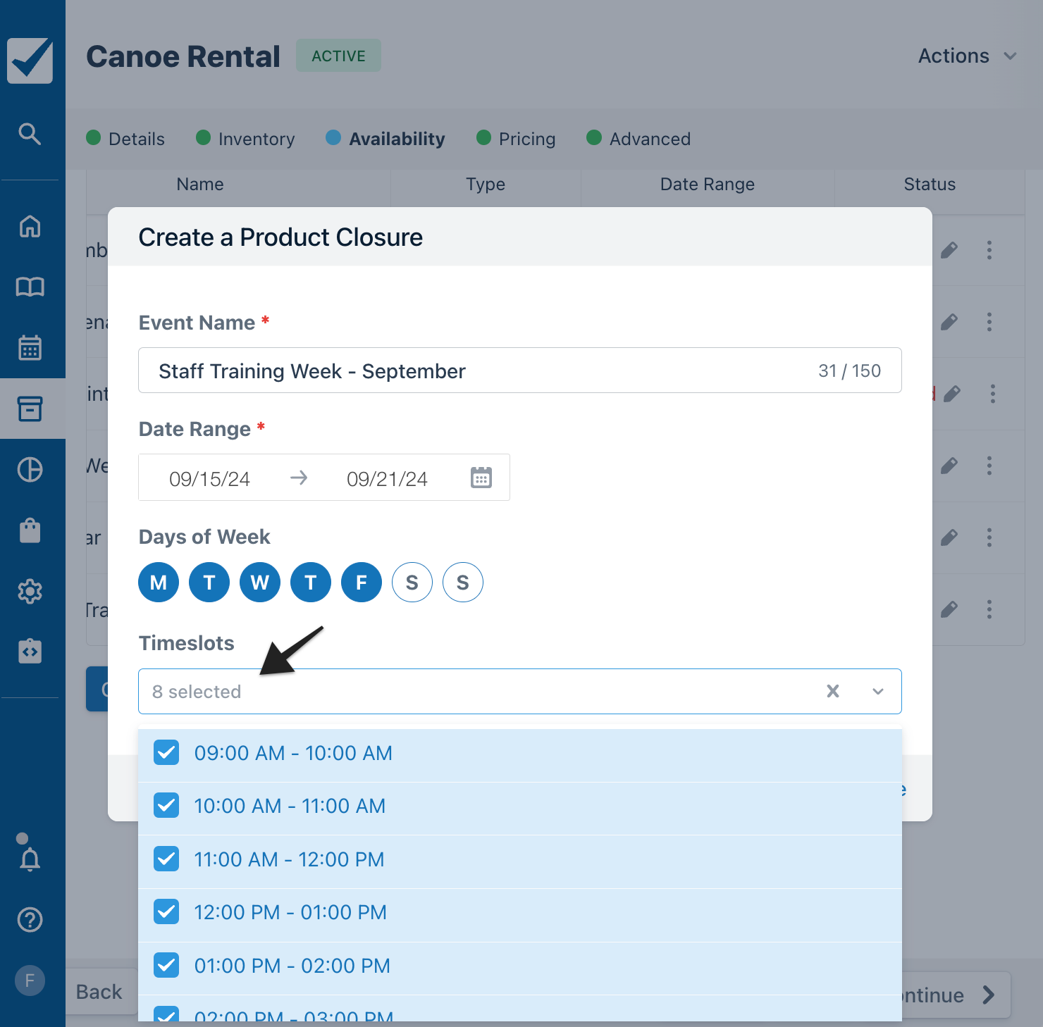 Create a product closure for Canoe Rental showing Staff Training Week – September, date range September 15 to 21, weekdays selected, and timeslots from 9 AM to 2 PM highlighted.