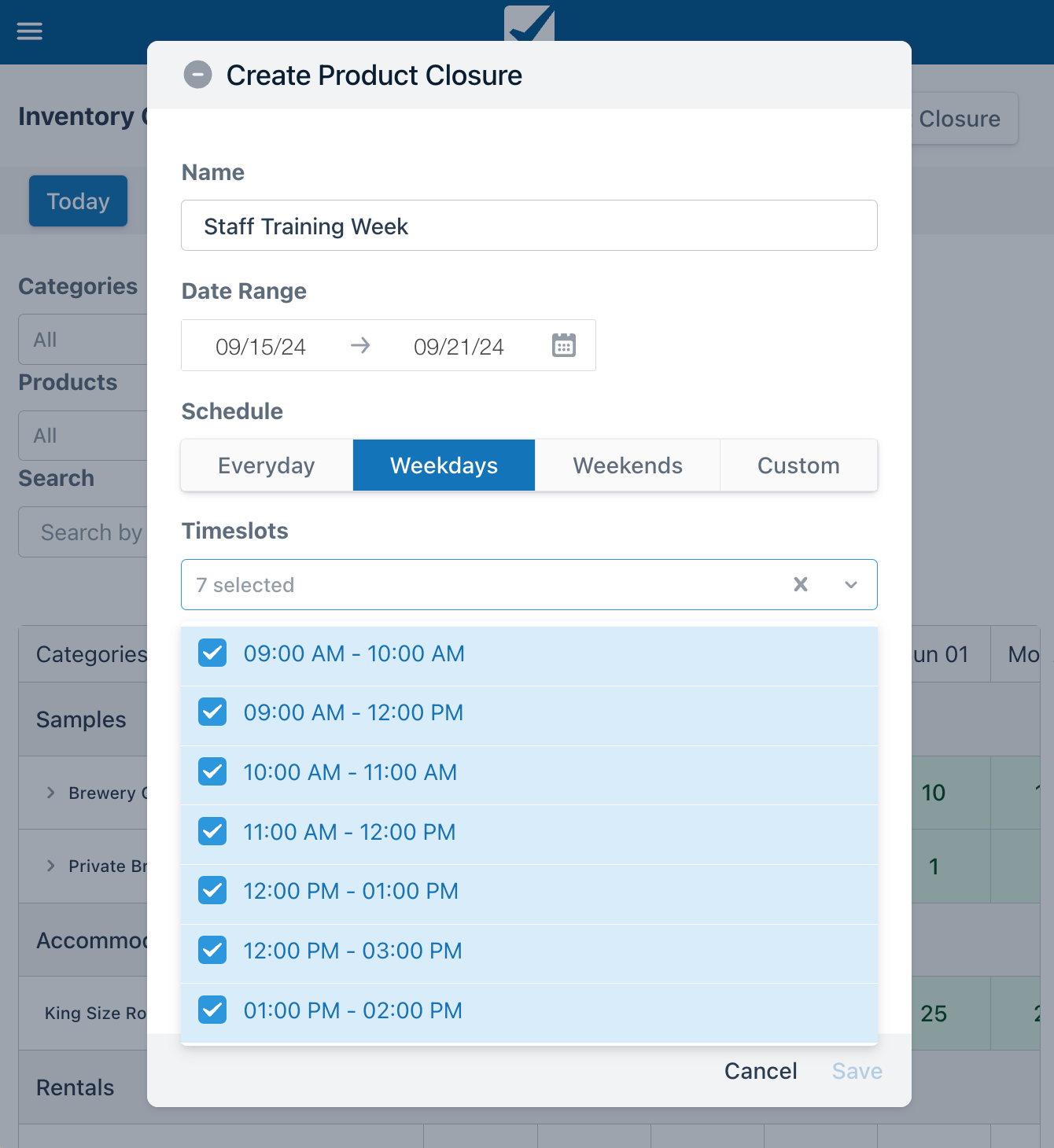 Create product closure window with Staff Training Week event name, weekday schedule selected, and multiple timeslots checked from 9 AM to 2 PM.