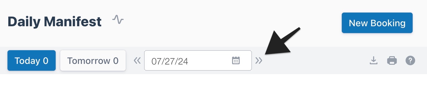 Daily manifest view with an arrow highlighting the forward date picker icon to indicate selection.