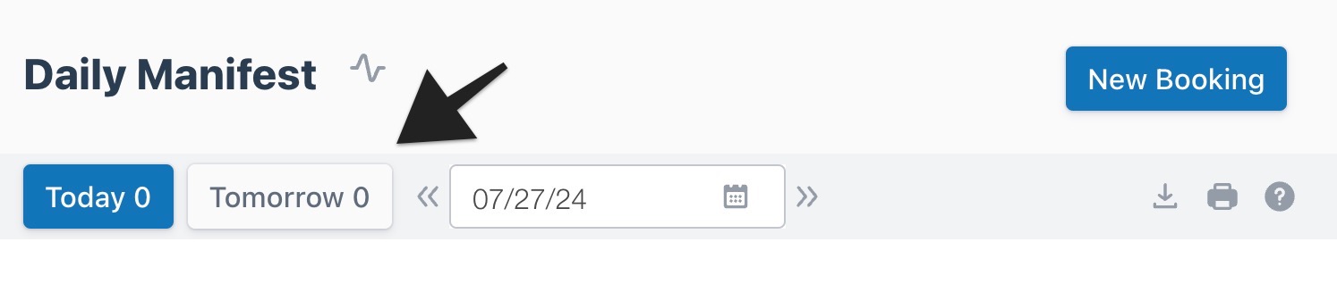 Daily manifest view with an arrow highlighting the ‘Tomorrow’ button to indicate selection.
