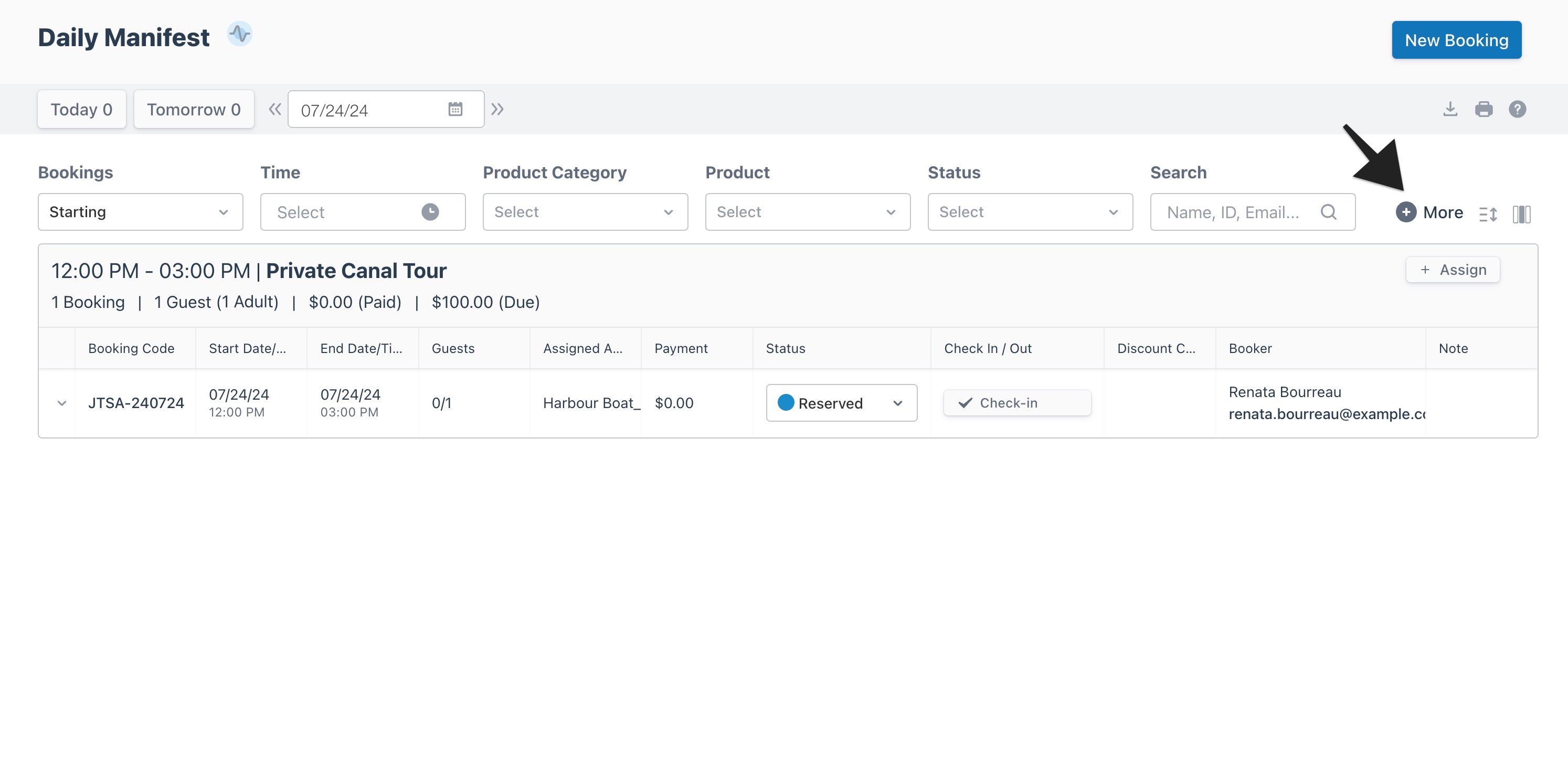 Daily manifest view with an arrow highlighting the ‘More’ button to indicate selection.