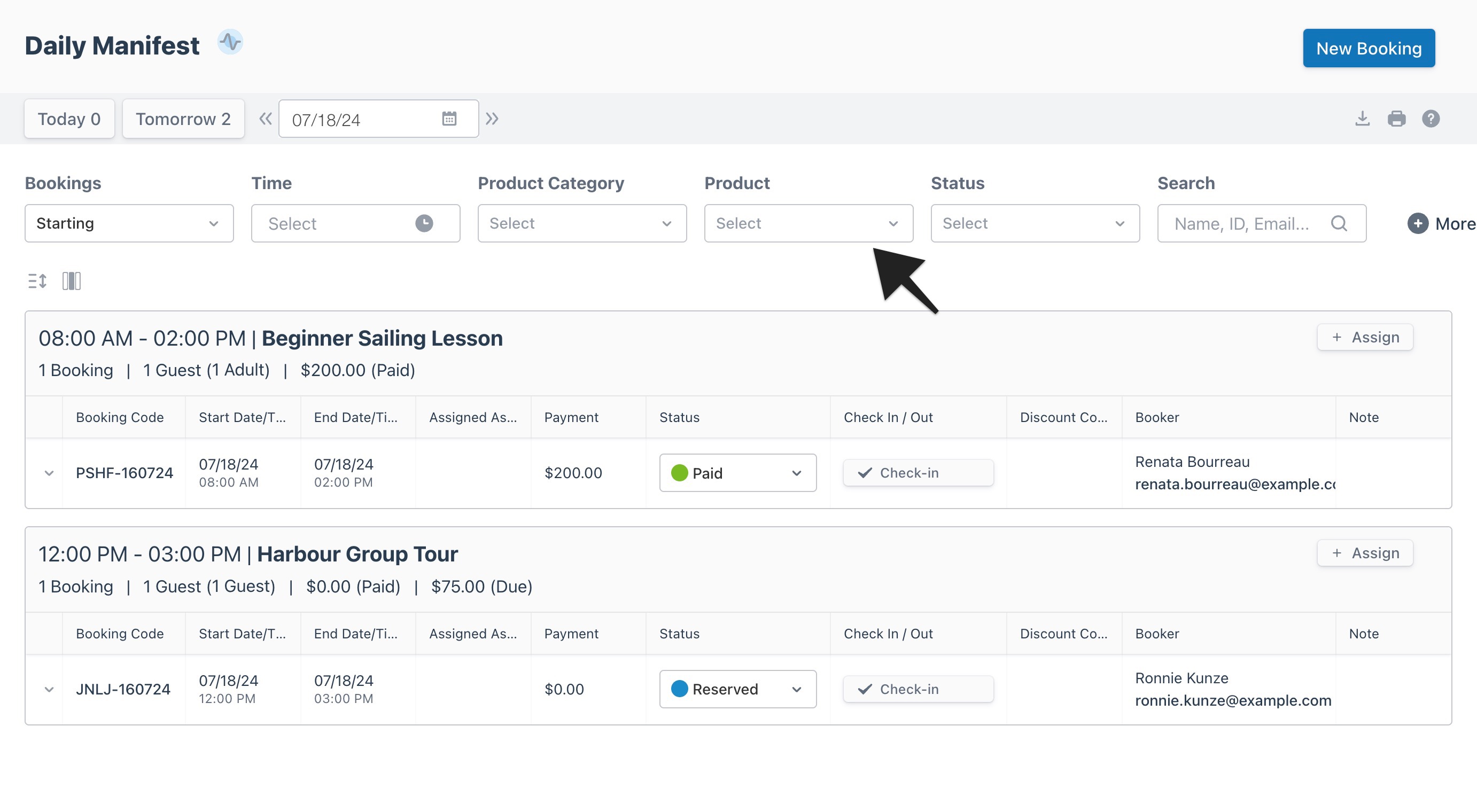 Daily manifest view with an arrow highlighting the ‘Product’ filter to indicate selection.