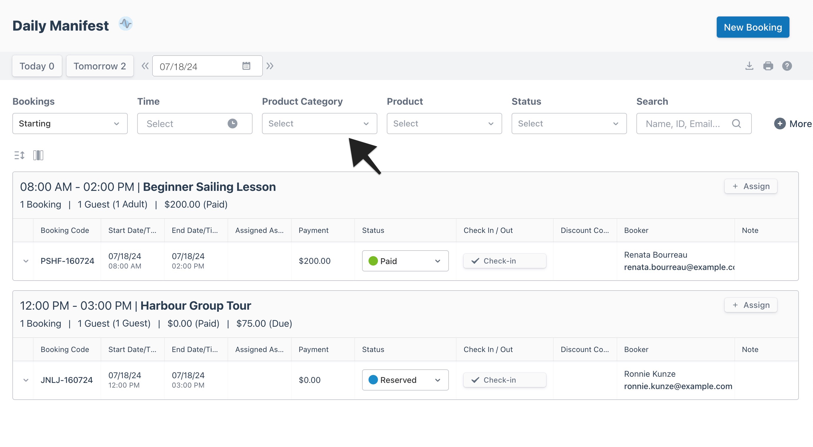 Daily manifest view with an arrow highlighting the ‘Product Category’ filter to indicate selection.